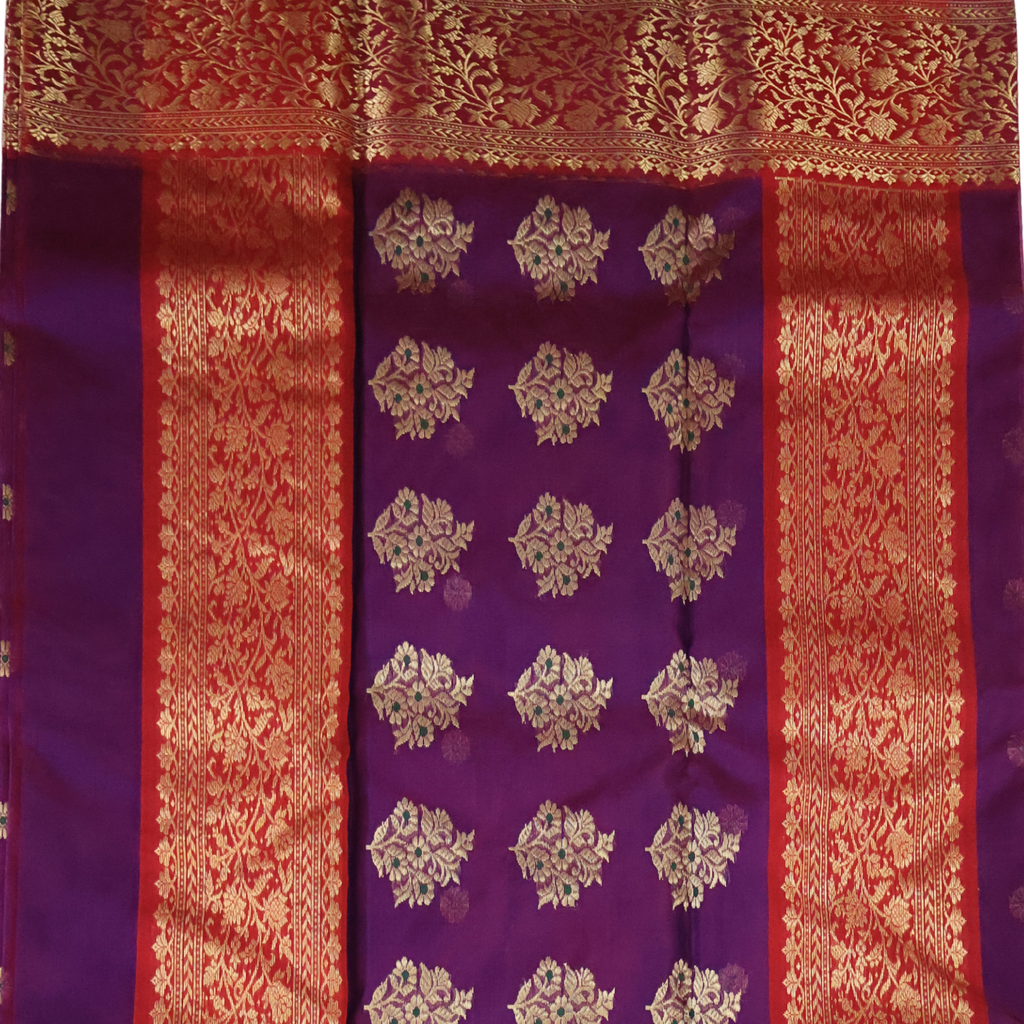Dual-Tone Purple & Red Katan Silk Chanderi Saree with Nakshi Jaal Zari Border