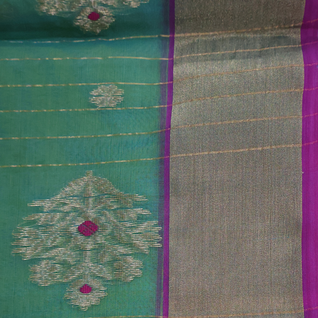 Green Katan Silk Chanderi Saree with Pink Border & Gold Butti
