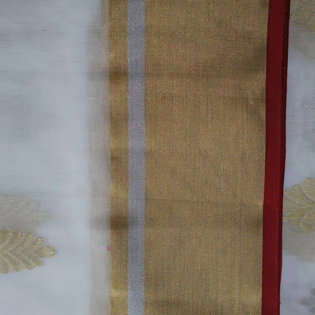 White Katan Silk Chanderi Saree with Silver & Gold Zari Border