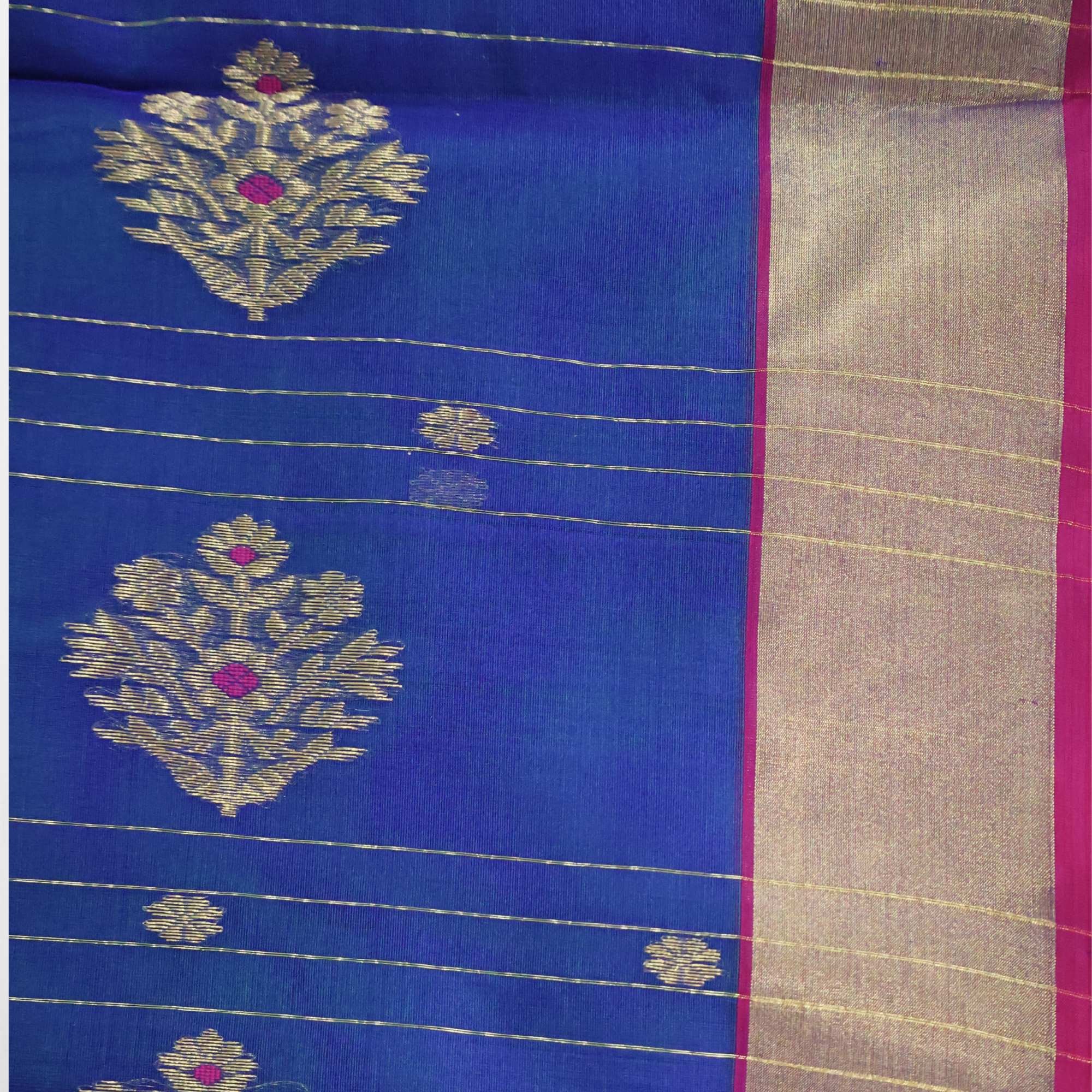 Pleasant Blue Katan Silk Chanderi Saree with Gold Zari Border & Delicate Buttis