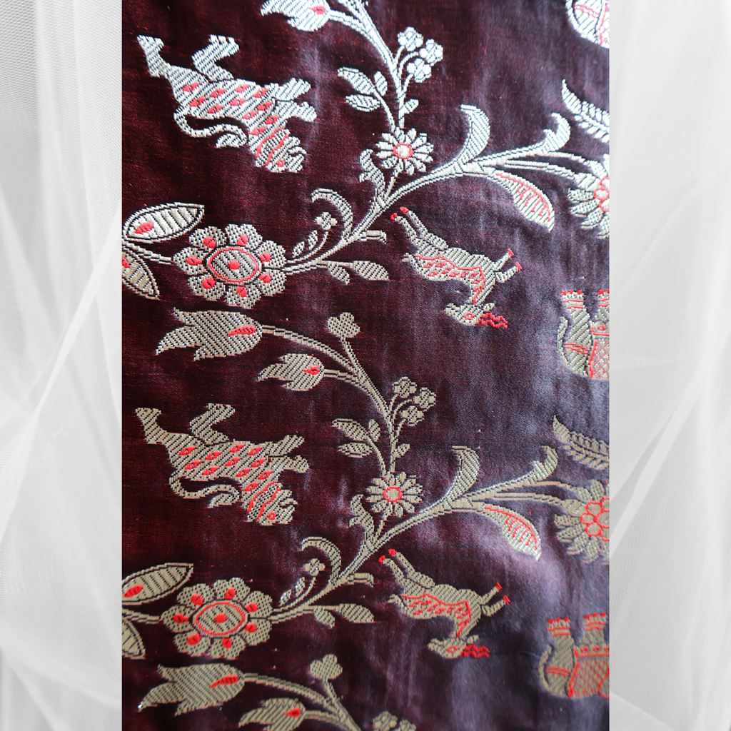 Dual-Tone Black and Red Banarasi Mashru Silk Saree in Classic Shikargah Pattern