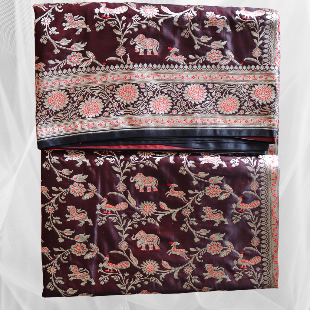 Dual-Tone Black and Red Banarasi Mashru Silk Saree in Classic Shikargah Pattern