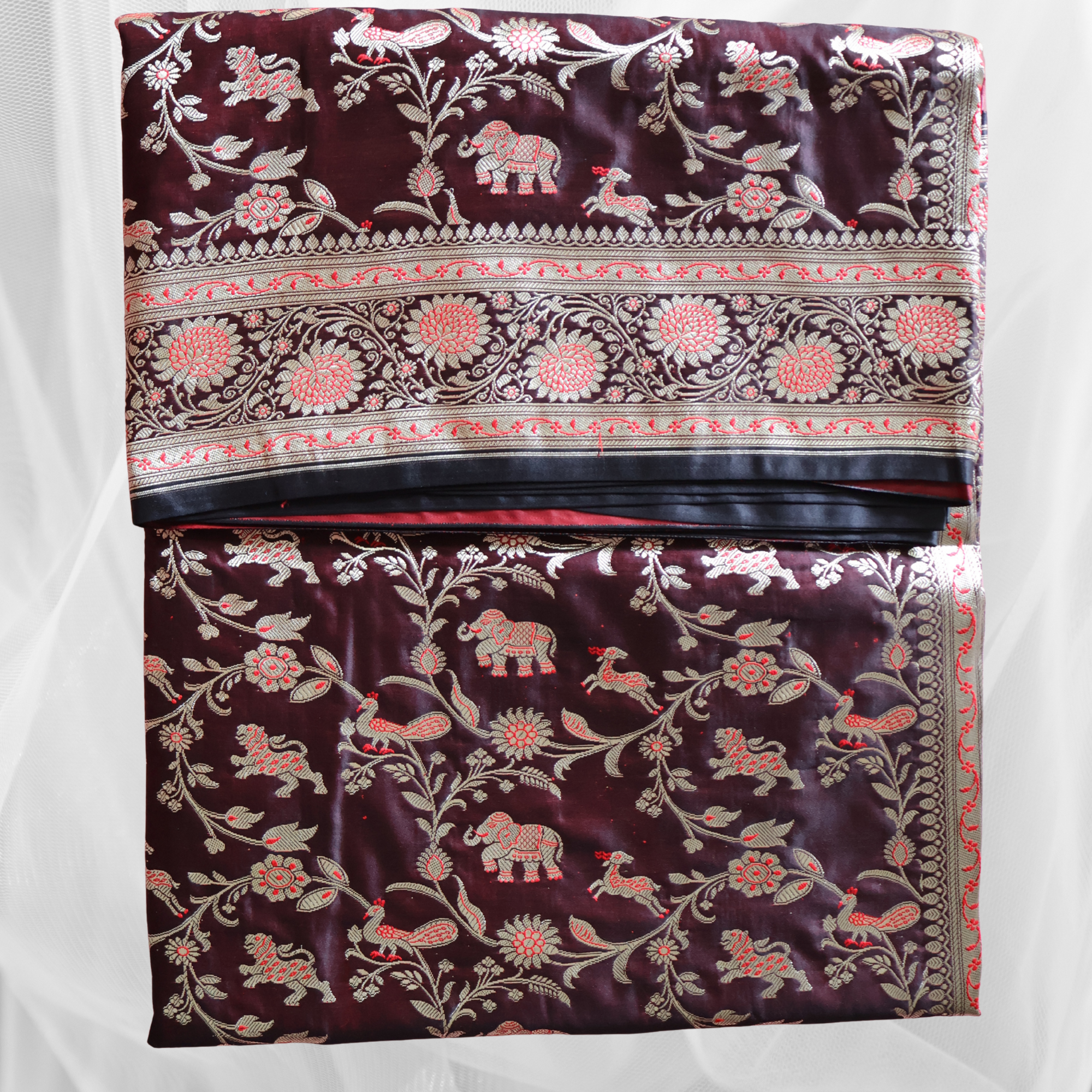 Dual-Tone Black and Red Banarasi Mashru Silk Saree in Classic Shikargah Pattern