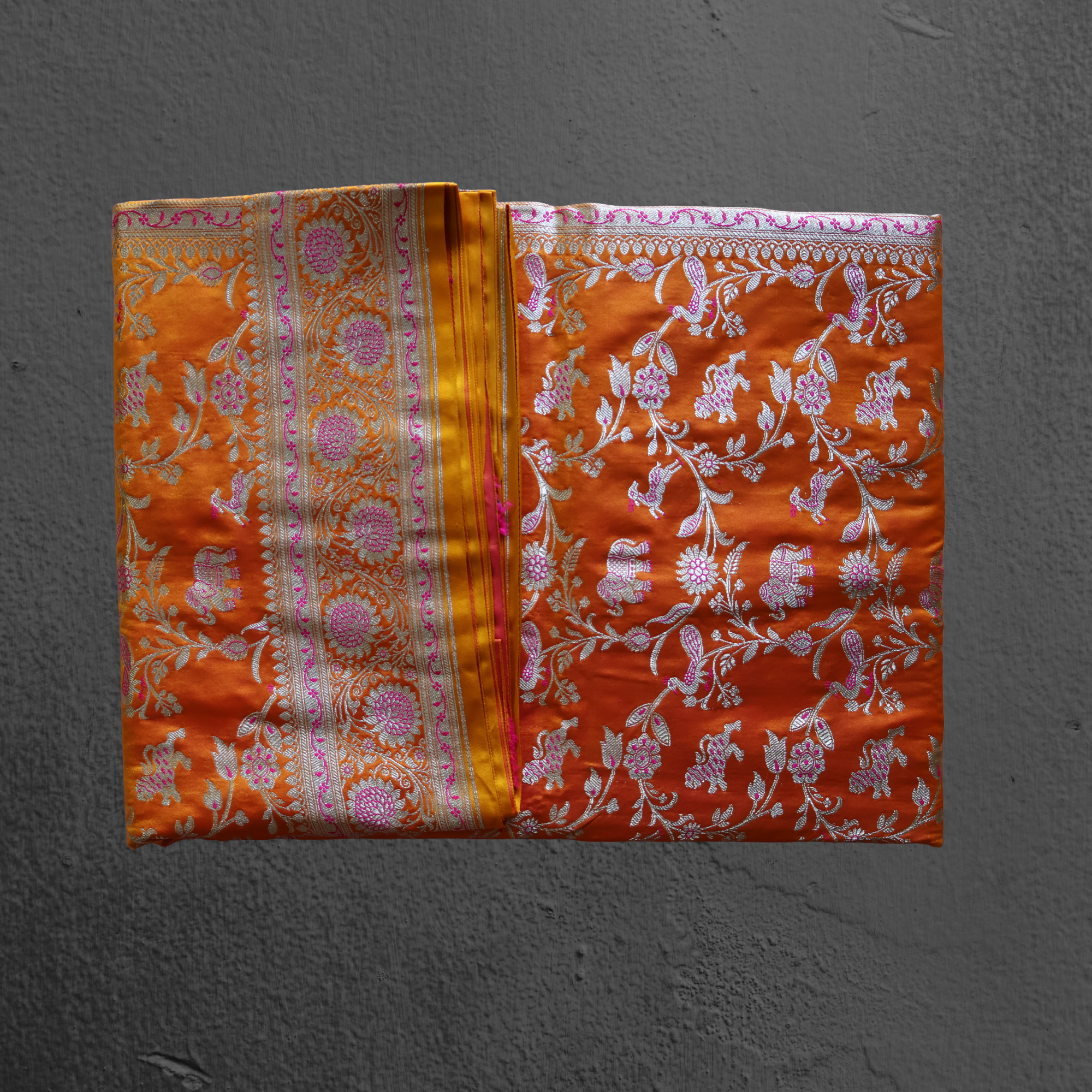 Golden Yellow Banarasi Mashru Silk Saree with Pink Shikargah Zari Motifs