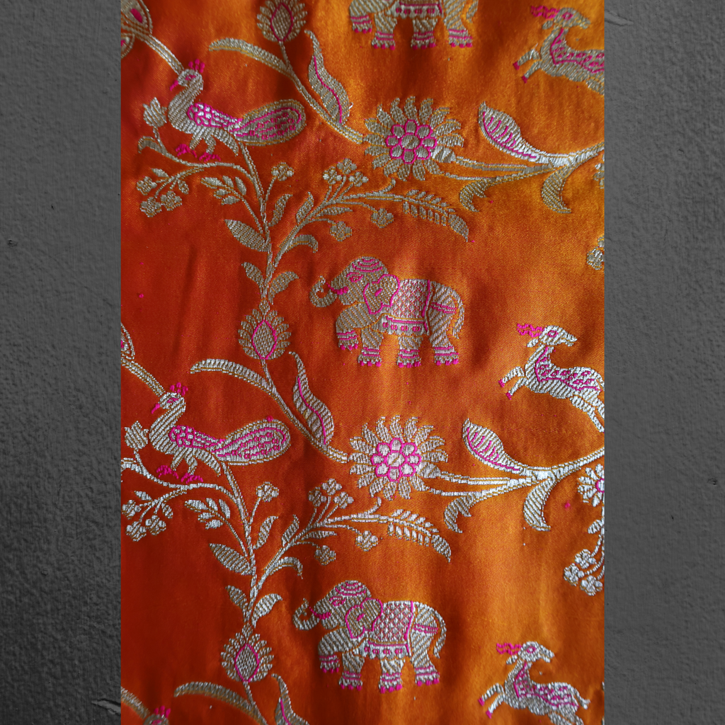 Golden Yellow Banarasi Mashru Silk Saree with Pink Shikargah Zari Motifs