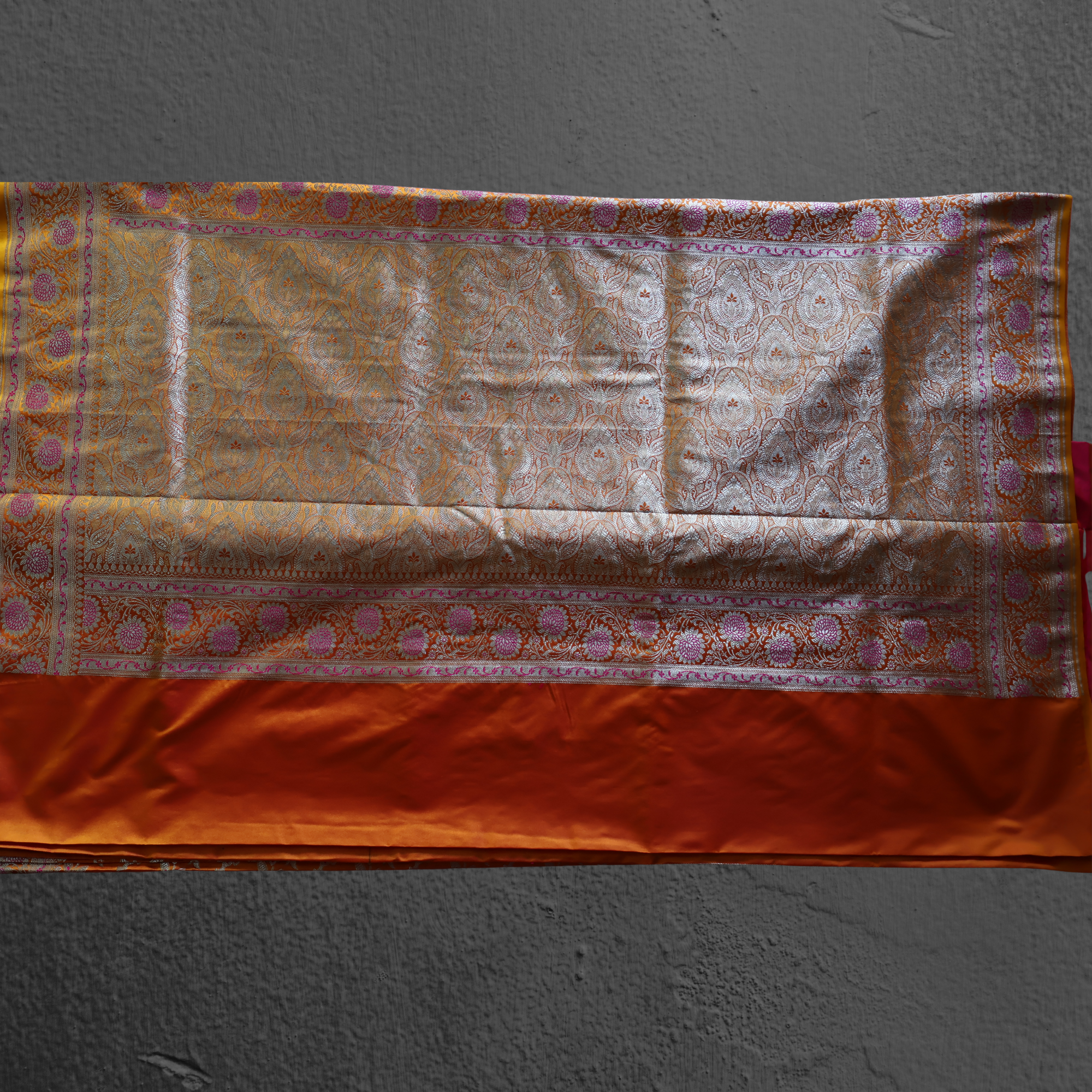 Golden Yellow Banarasi Mashru Silk Saree with Pink Shikargah Zari Motifs