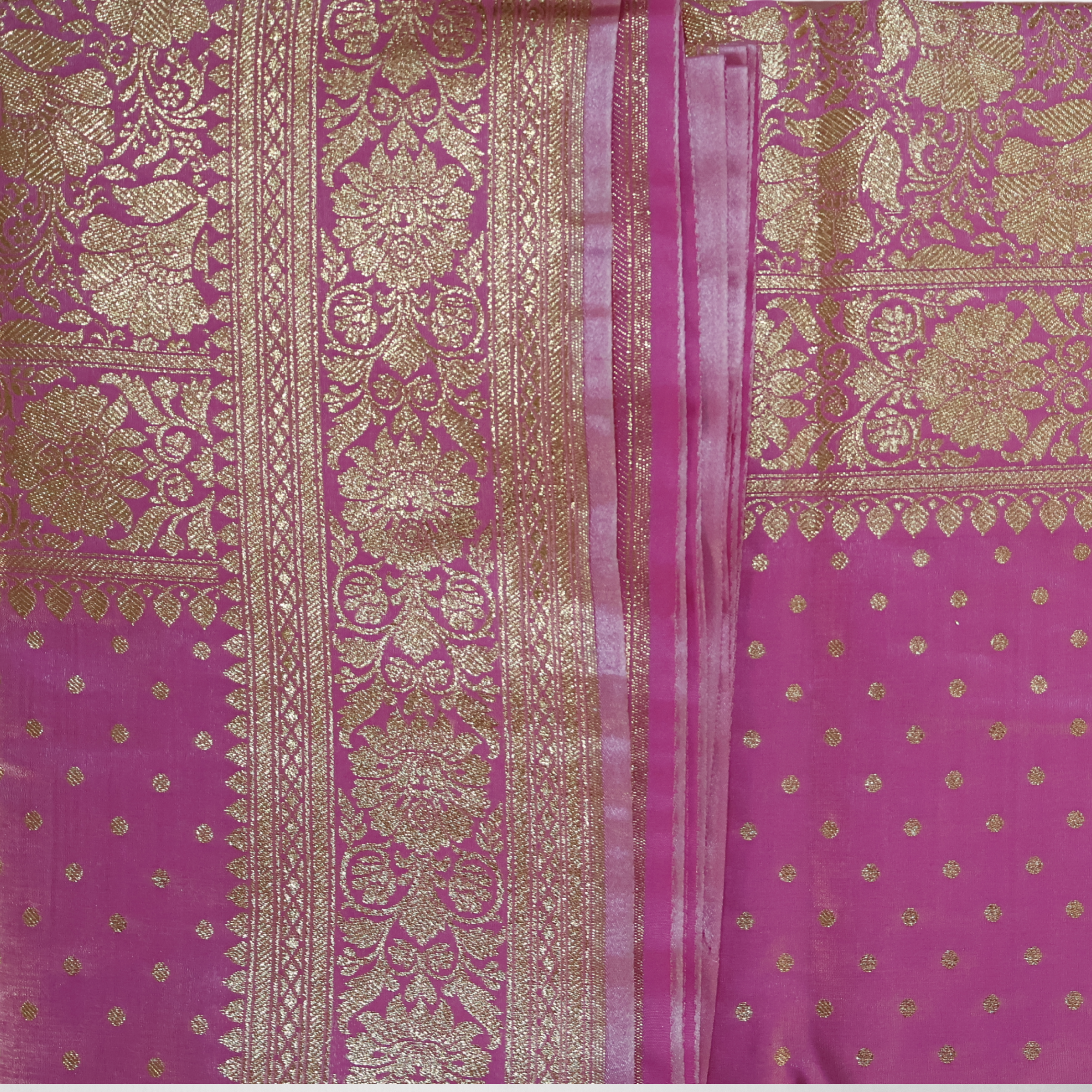 Pink Katan Silk Banarasi Saree with Gold Zari Buttas & Traditional Floral Border