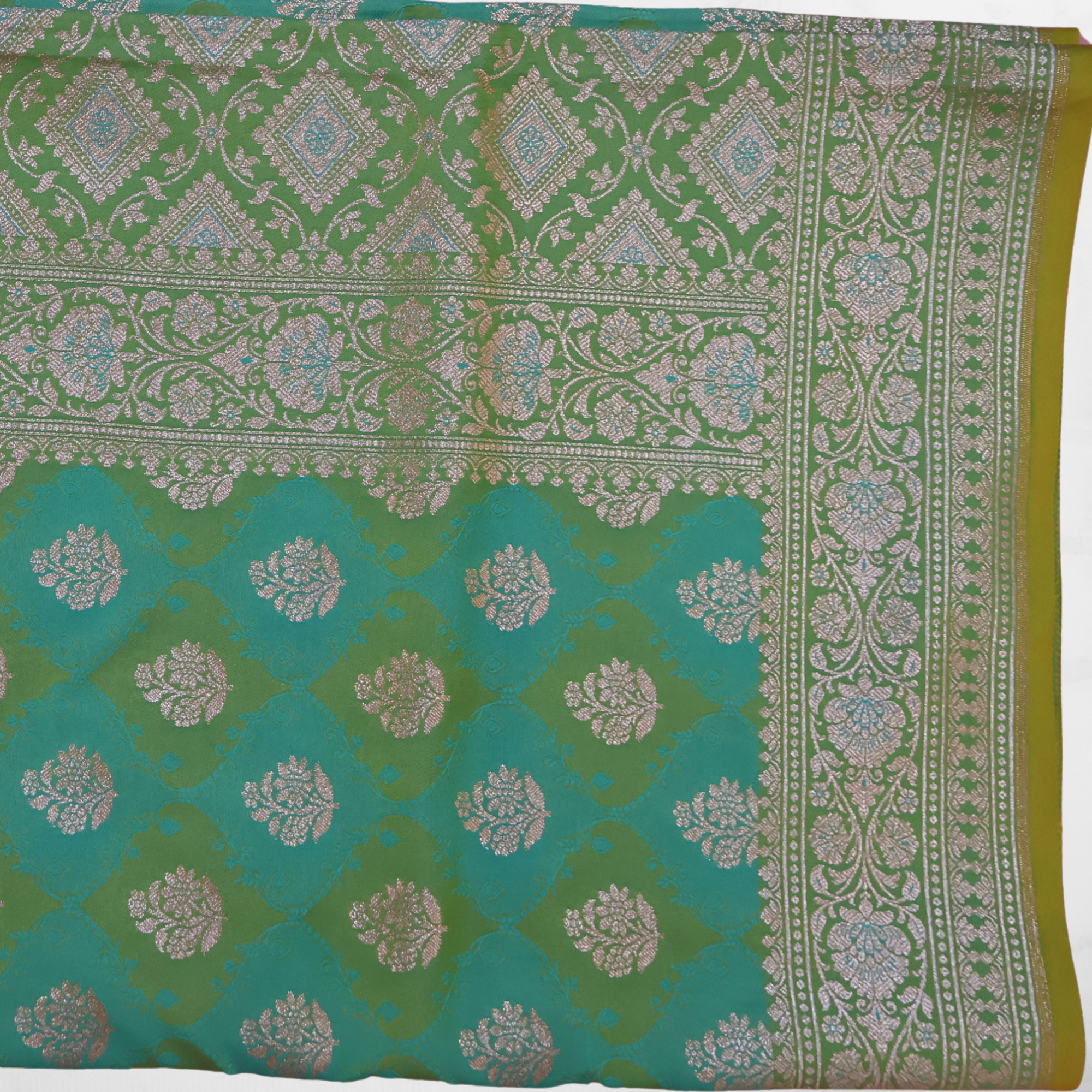 Katan Silk Banarasi Saree in Teal Green with Silver Zari Buta and Ornate Border