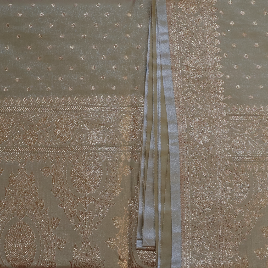Pale Grey Katan Silk Banarasi Saree with Antique Gold Zari Medallions