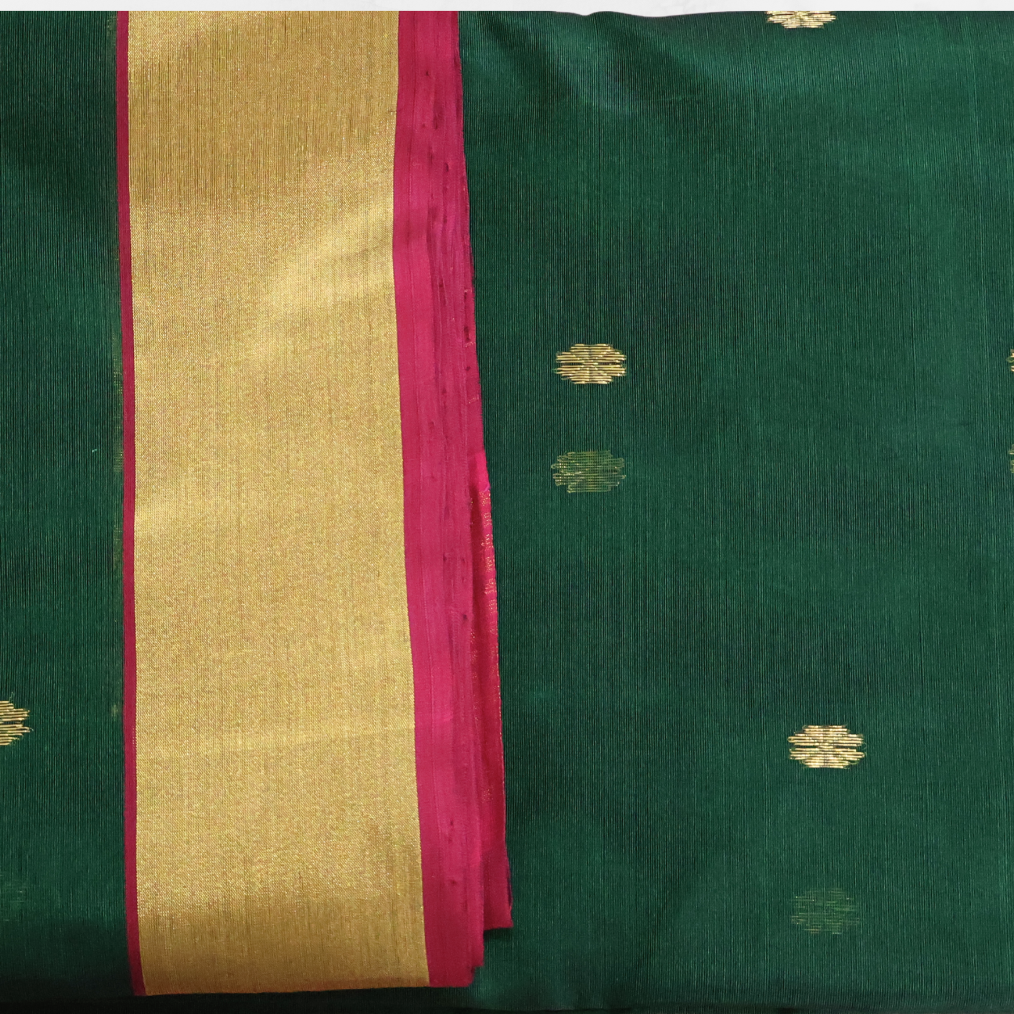 Deep Emerald Green Katan Silk Saree with Gold Zari Motifs & Purple Borders