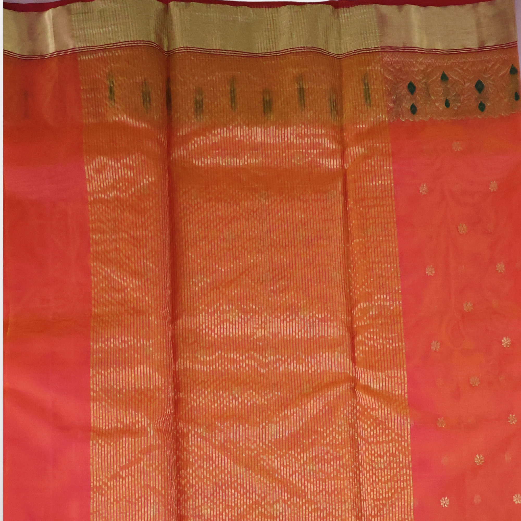 Golden Zari Meenakari Chanderi Silk Saree with Banebar Hand Border & Floral Butti