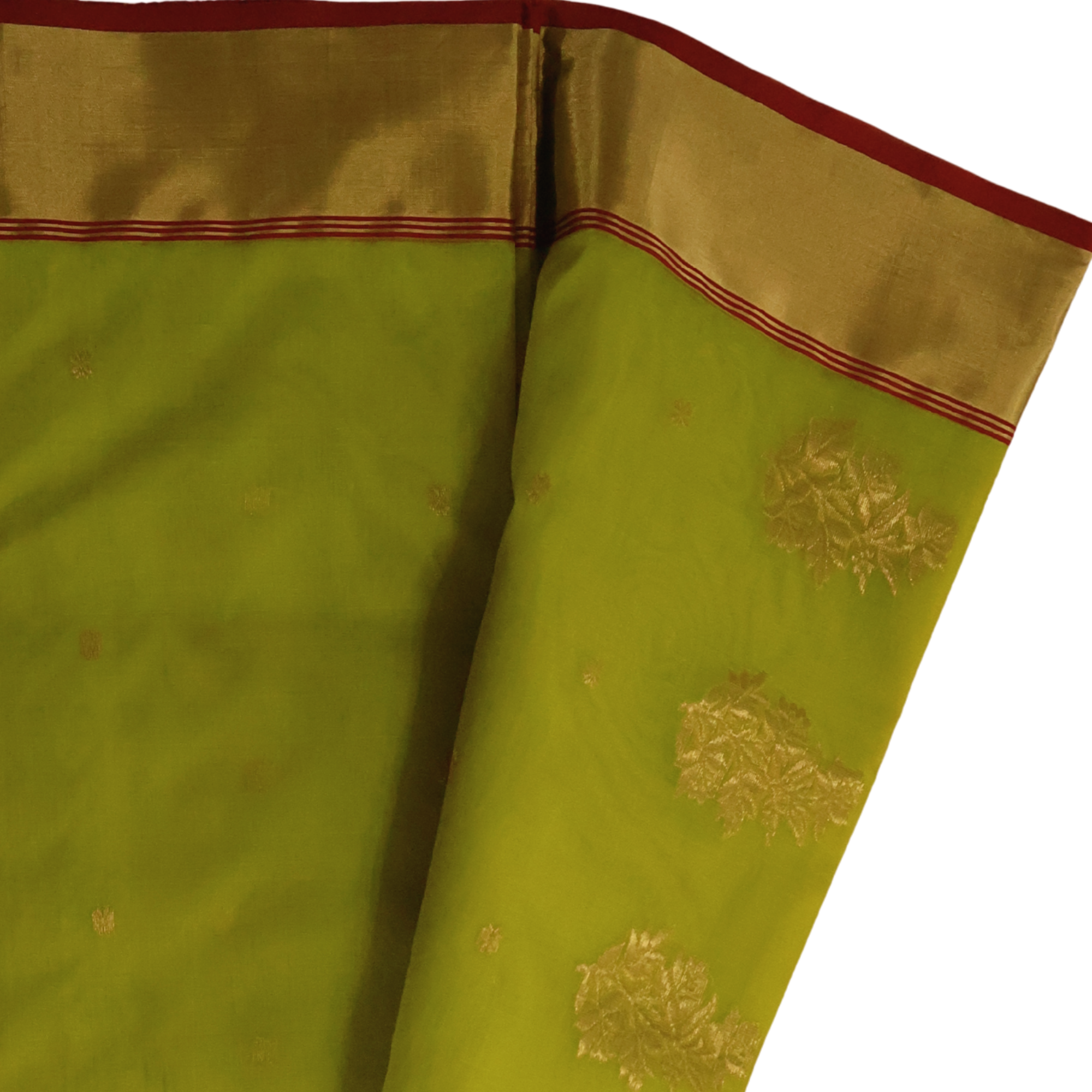 Lime Green Katan Chanderi Silk Saree with Gold Zari Buta & Red Border