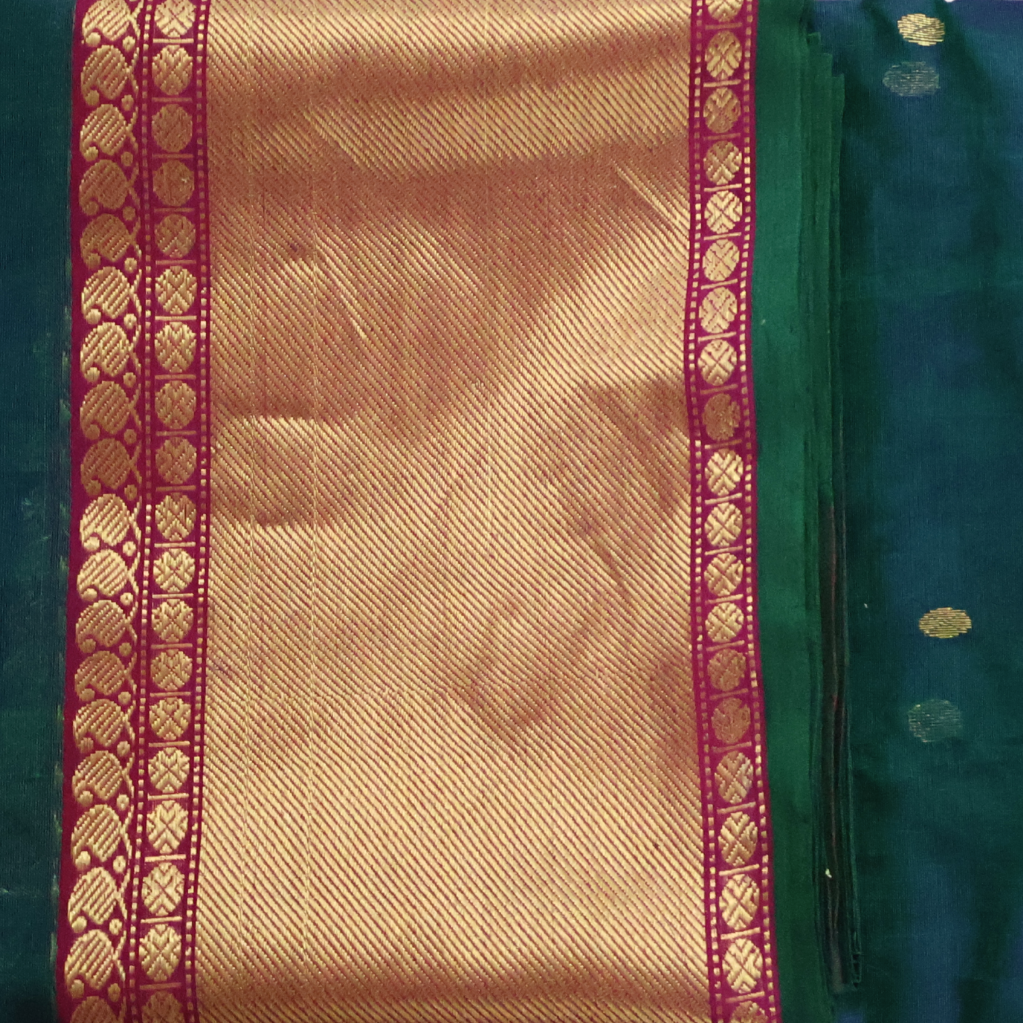 Dual-Tone Peacock Blue Katan Silk Chanderi Saree with Ghani Buti & Chatai Zari Border