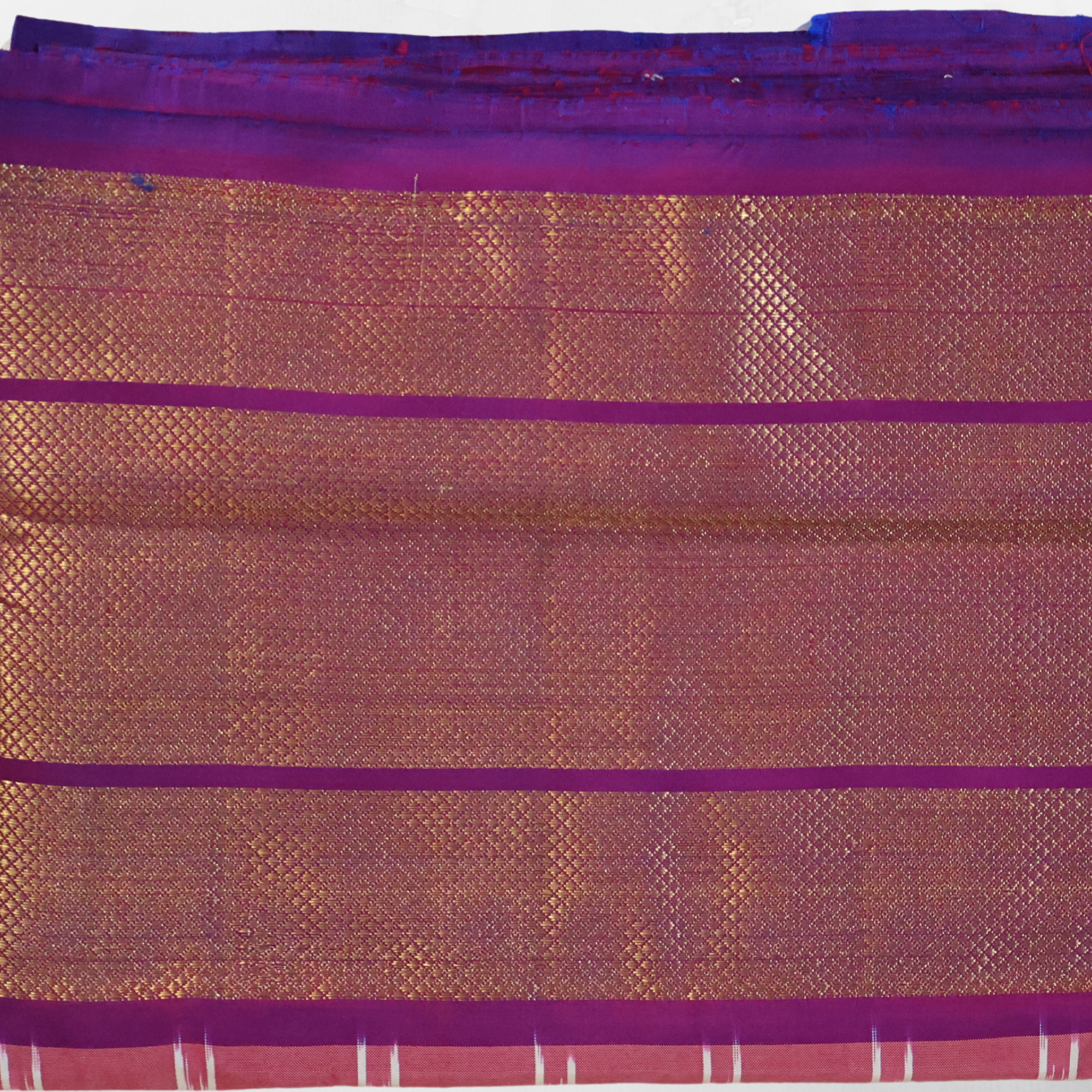Pure Silk White Pochampally Ikat Saree with Two-Colour Border and Rich Purple Pallu