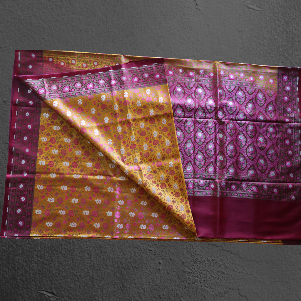 Mustard Yellow Banarasi Mashru Silk Saree with Maroon Jamawar Border