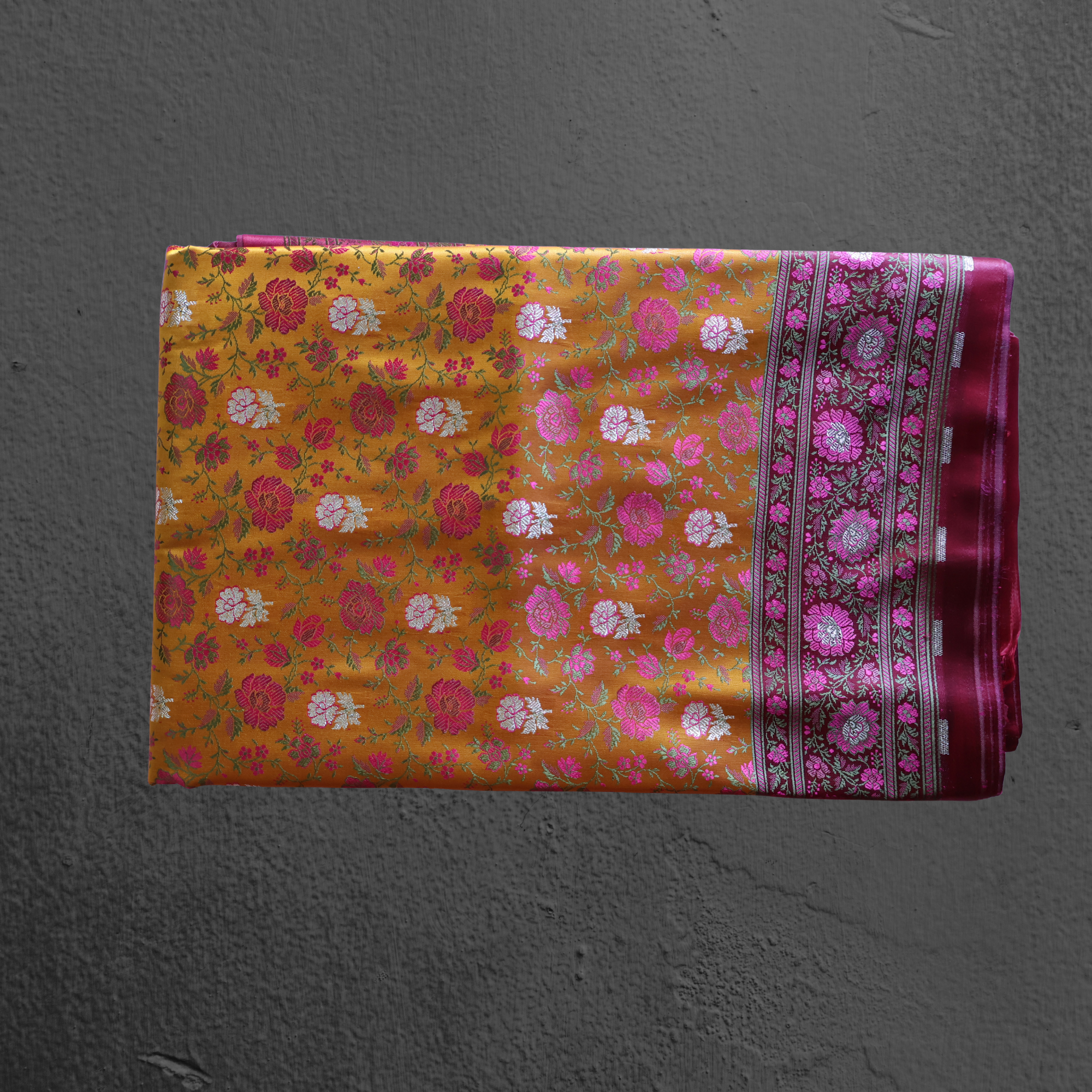 Mustard Yellow Banarasi Mashru Silk Saree with Maroon Jamawar Border