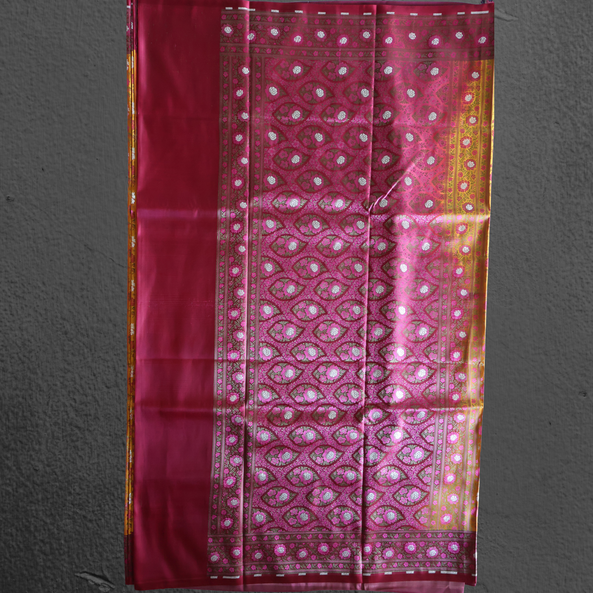 Mustard Yellow Banarasi Mashru Silk Saree with Maroon Jamawar Border