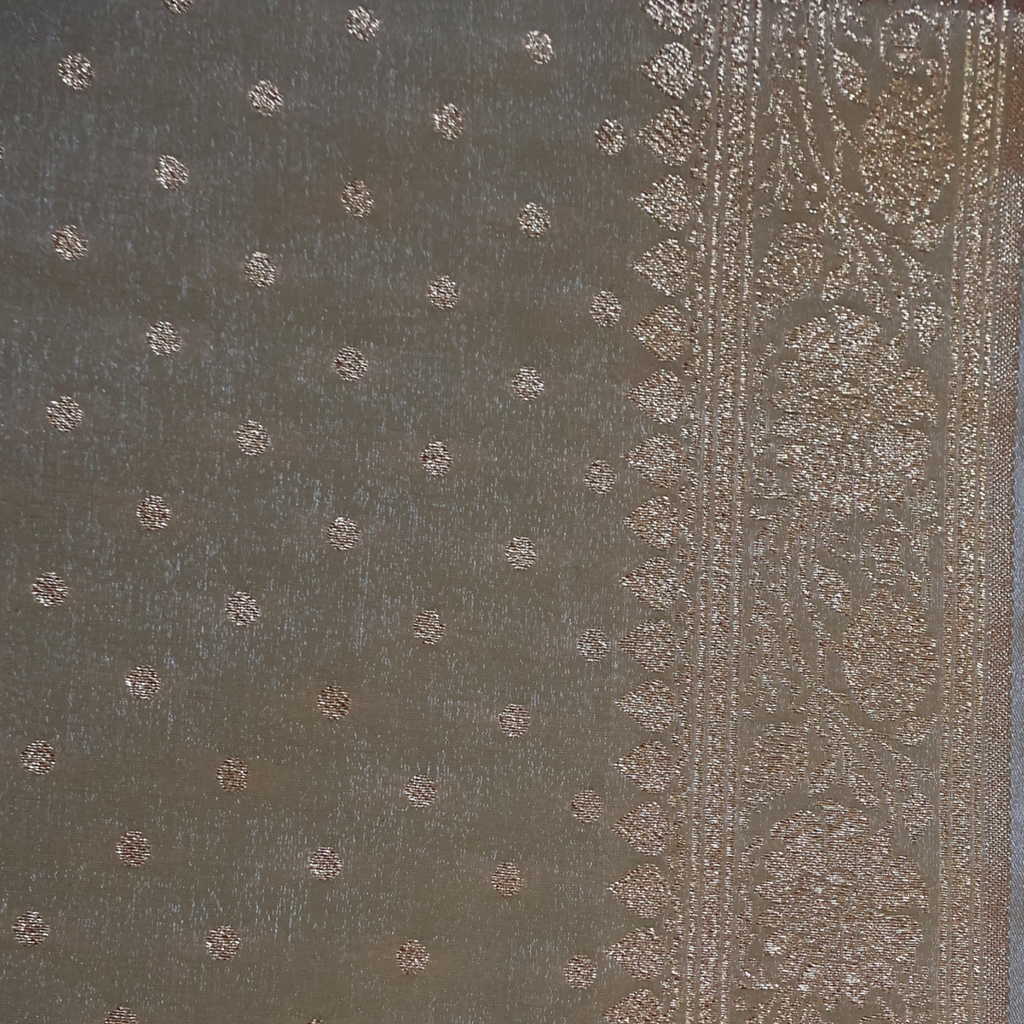 Pale Grey Katan Silk Banarasi Saree with Antique Gold Zari Medallions