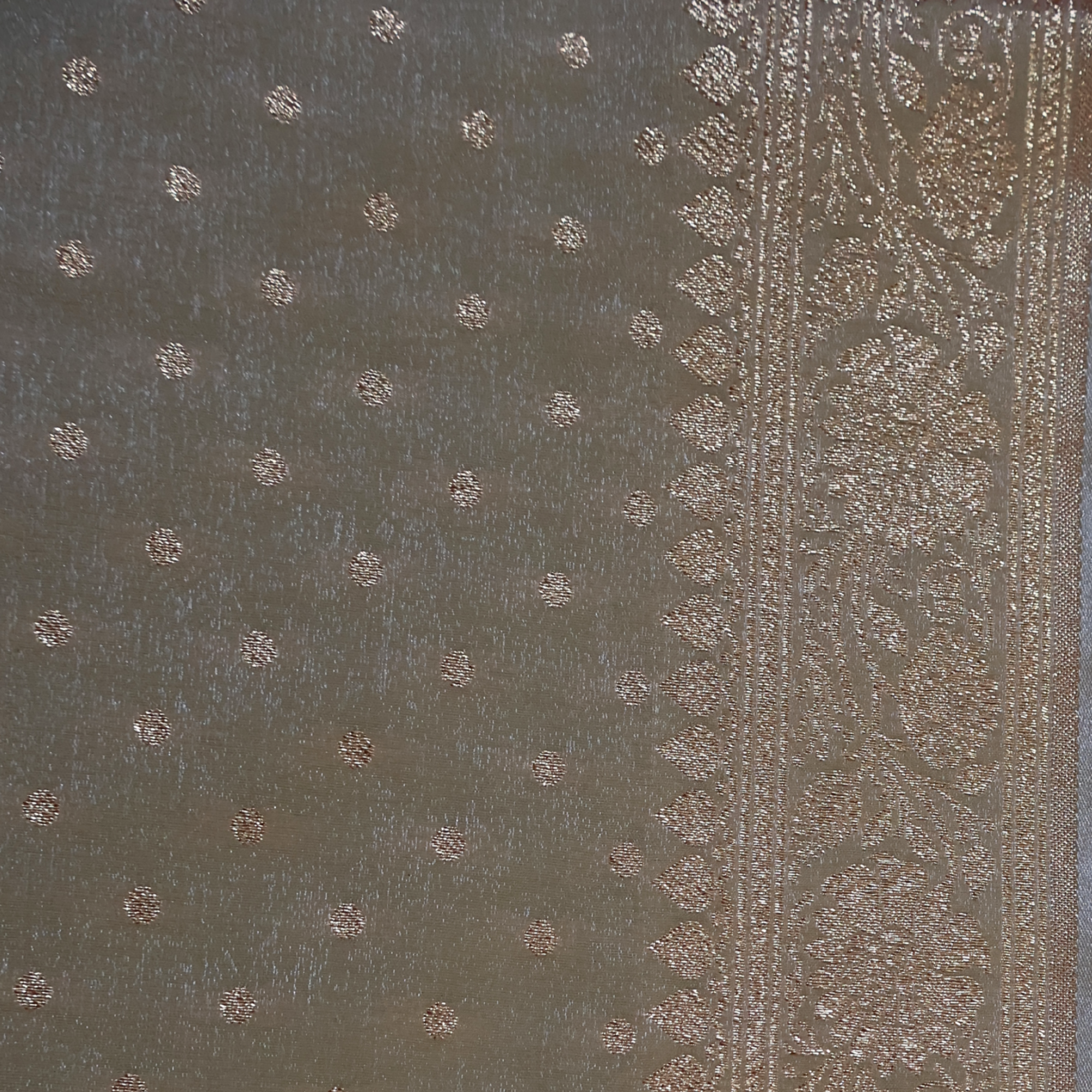 Pale Grey Katan Silk Banarasi Saree with Antique Gold Zari Medallions