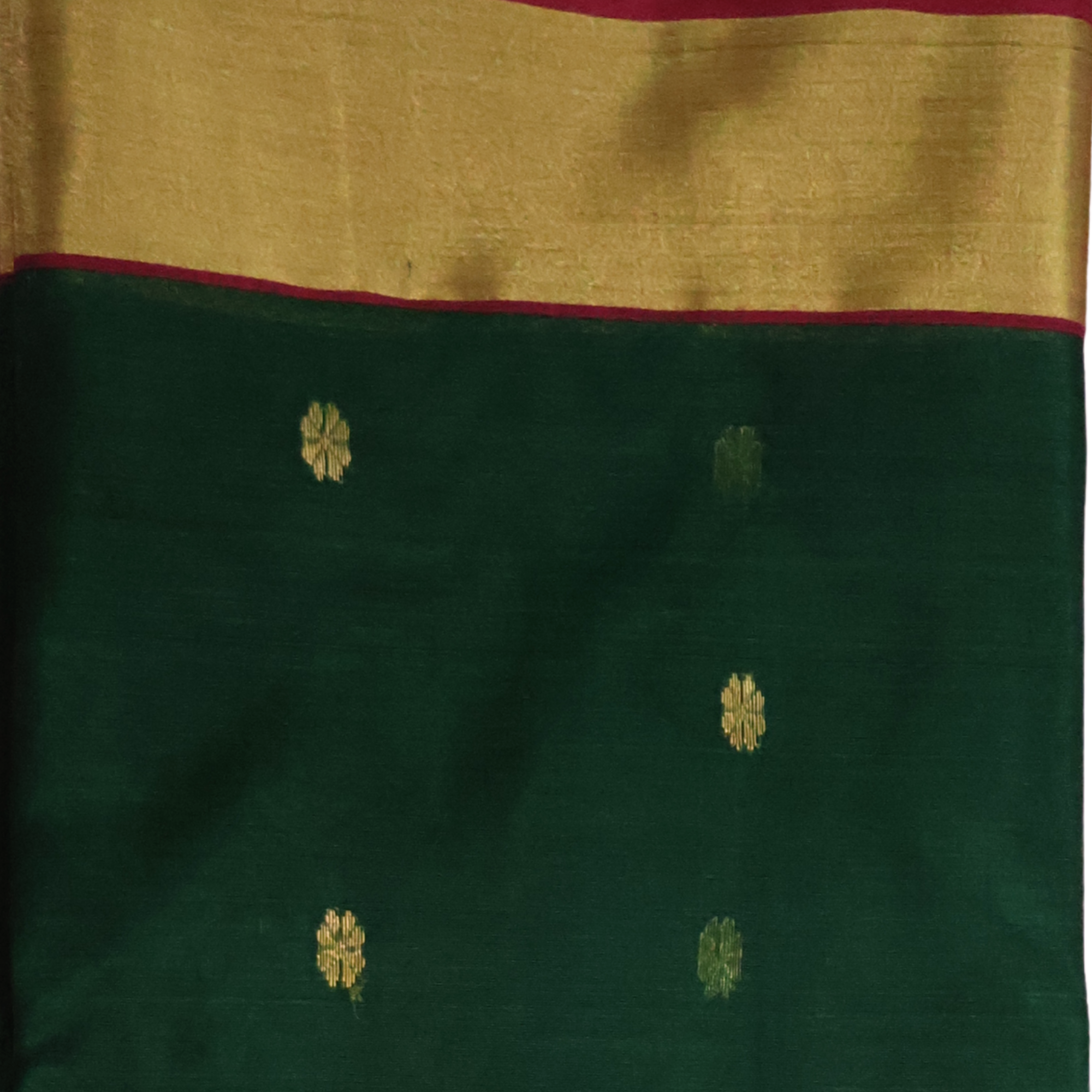 Deep Emerald Green Katan Silk Saree with Gold Zari Motifs & Purple Borders