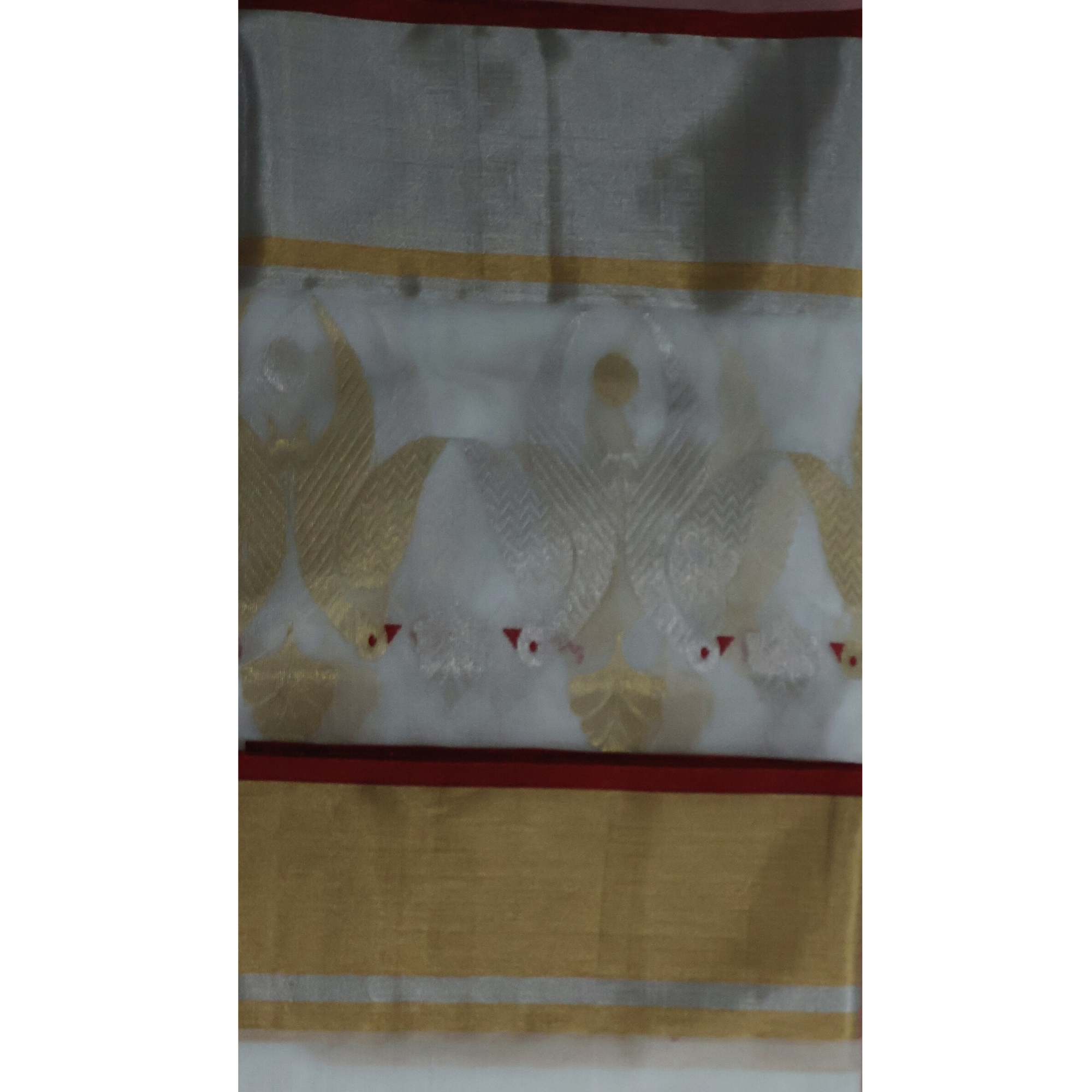 White Katan Silk Chanderi Saree with Silver & Gold Zari Border