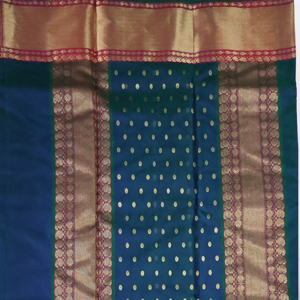 Dual-Tone Peacock Blue Katan Silk Chanderi Saree with Ghani Buti & Chatai Zari Border