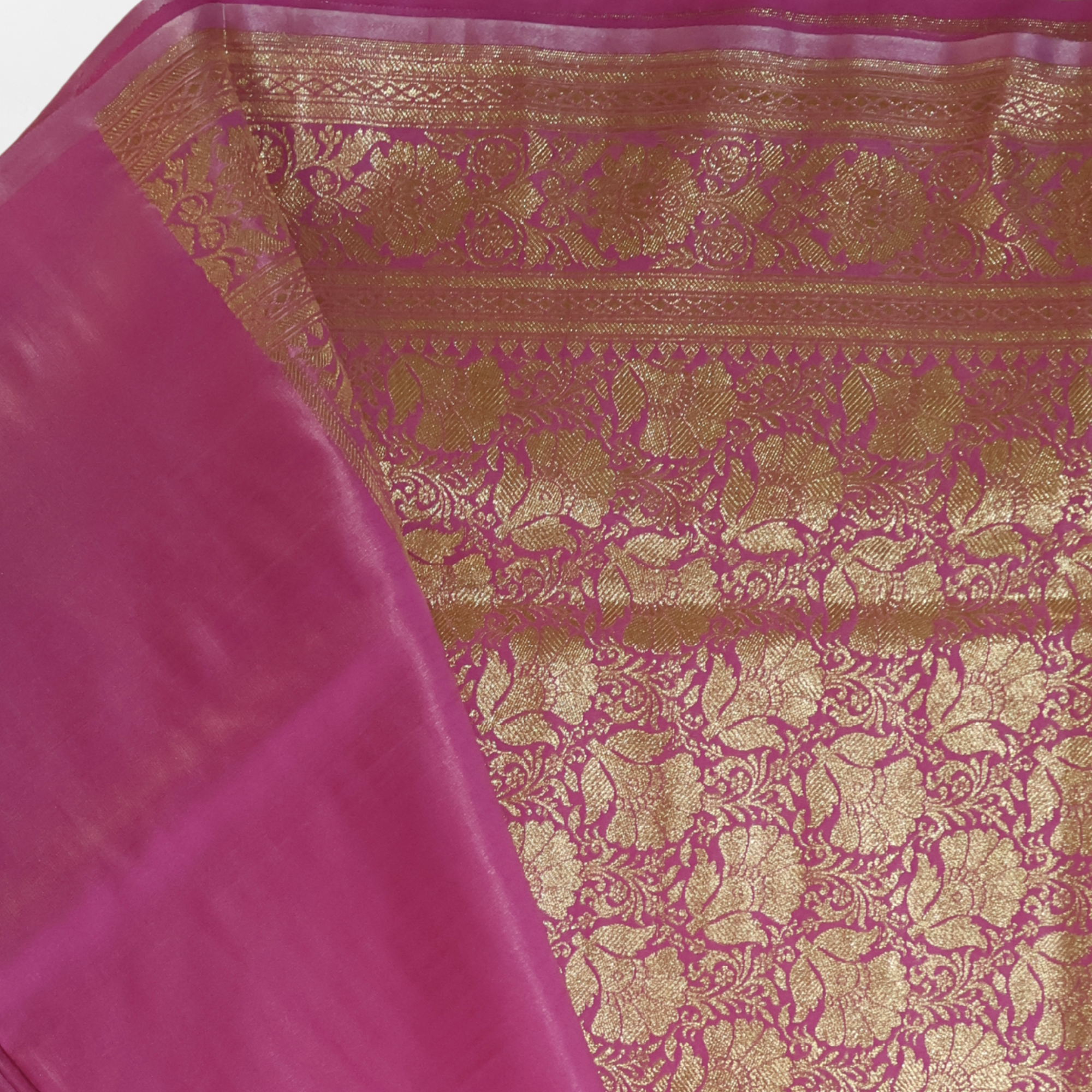 Pink Katan Silk Banarasi Saree with Gold Zari Buttas & Traditional Floral Border