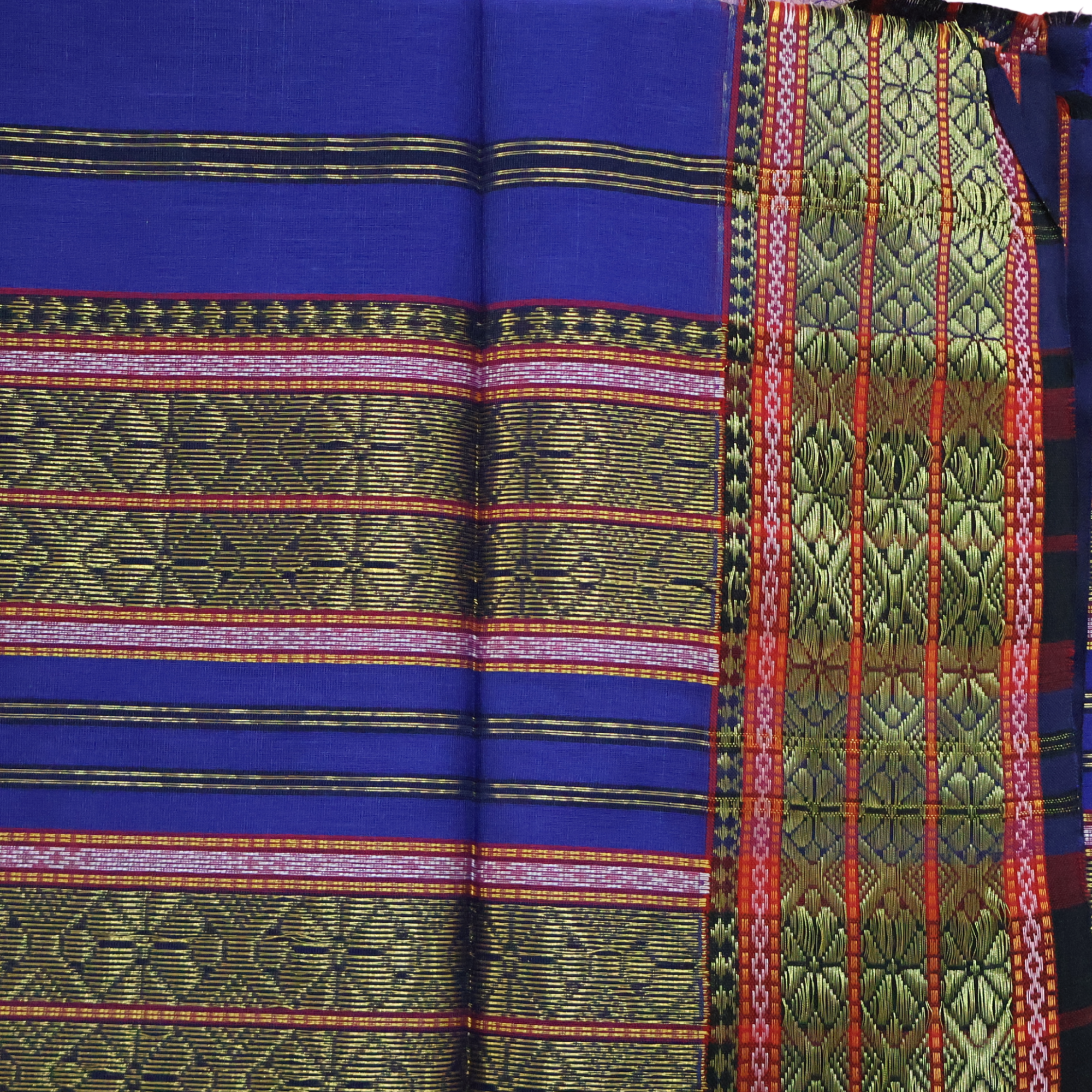 Royal Blue Induri Silk-Cotton Saree with Rui-Phool Border
