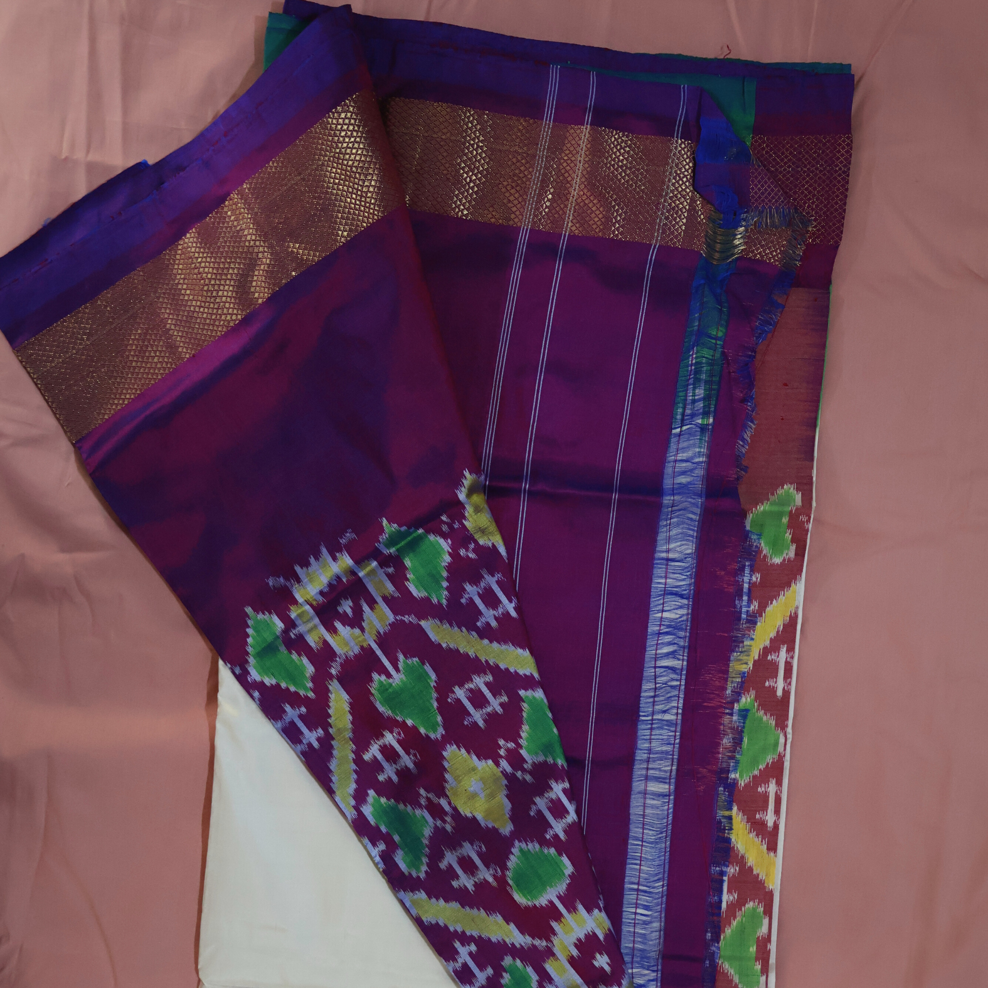 Pure Silk White Pochampally Ikat Saree with Two-Colour Border and Rich Purple Pallu