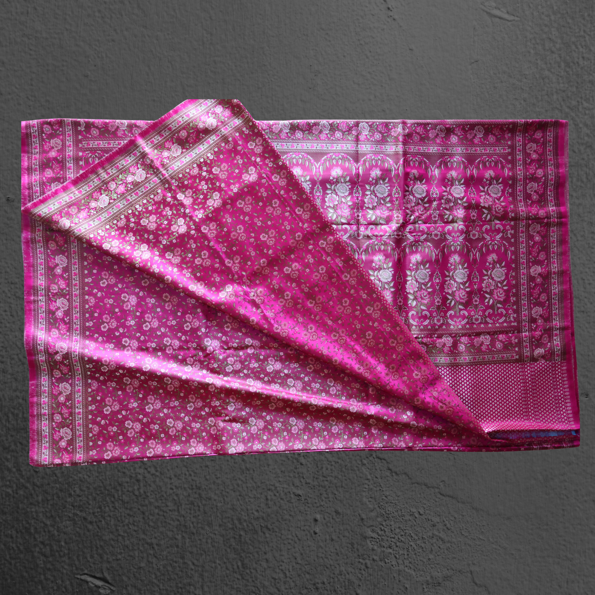 Rani Pink Banarasi Mashru Silk Saree with Delicate Floral Zari Work