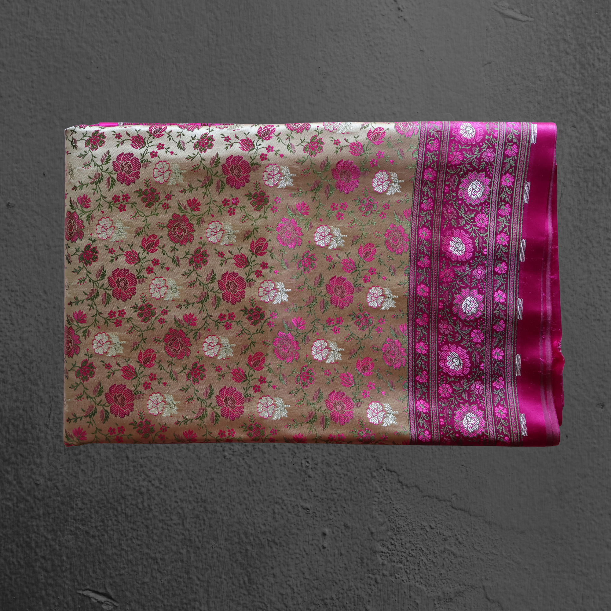 Banarasi Mashru Silk Saree in Beige and Rani Pink with Traditional Floral Motifs