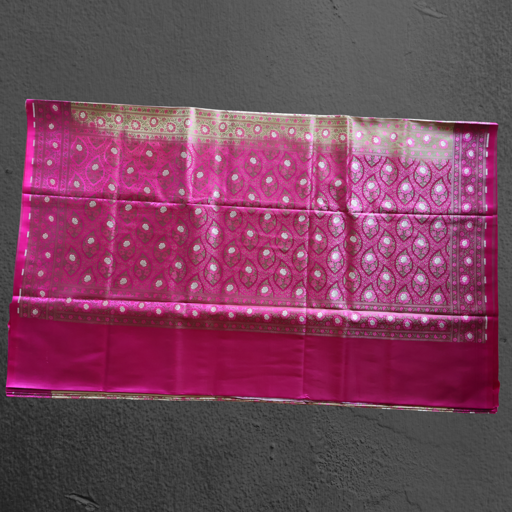 Banarasi Mashru Silk Saree in Beige and Rani Pink with Traditional Floral Motifs