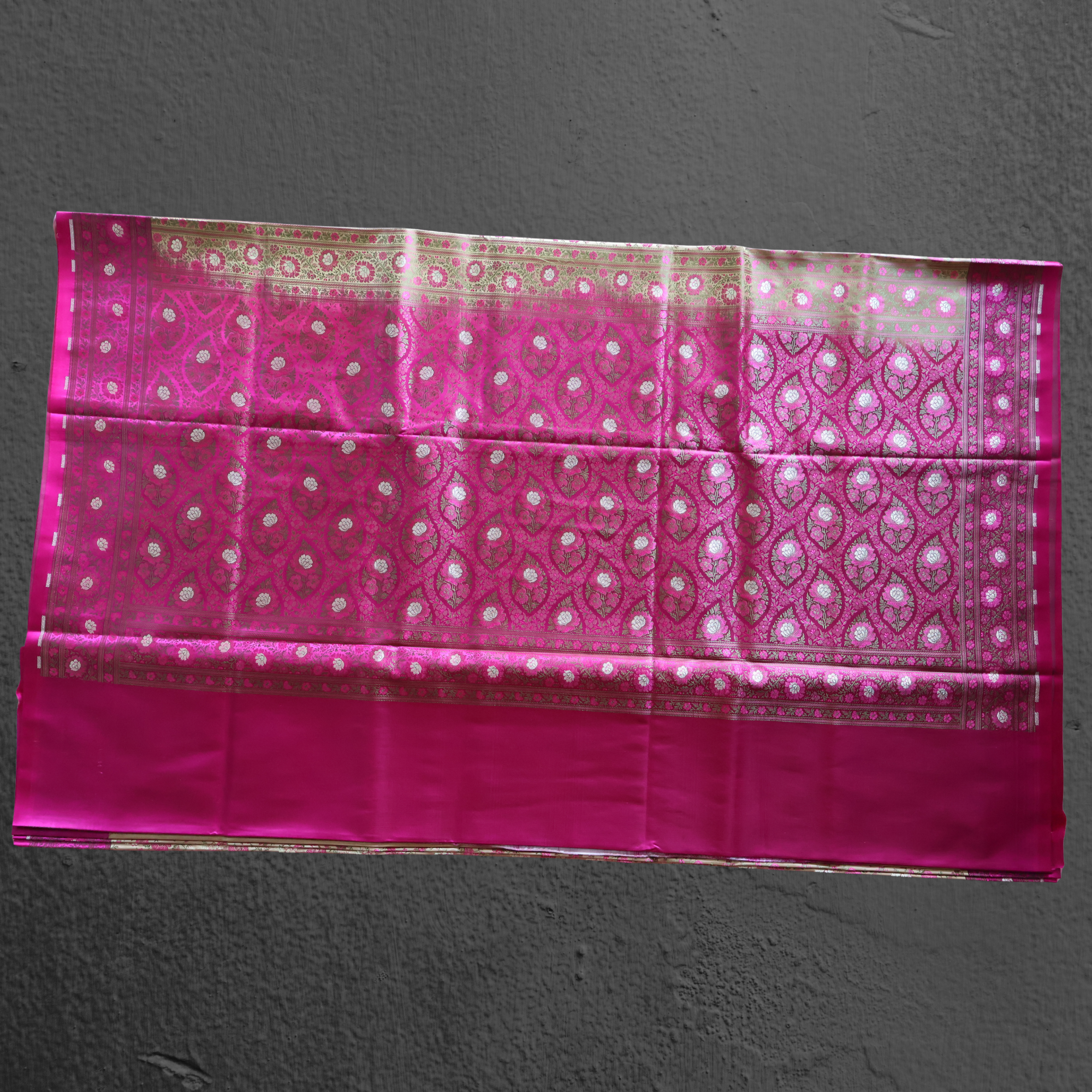 Banarasi Mashru Silk Saree in Beige and Rani Pink with Traditional Floral Motifs
