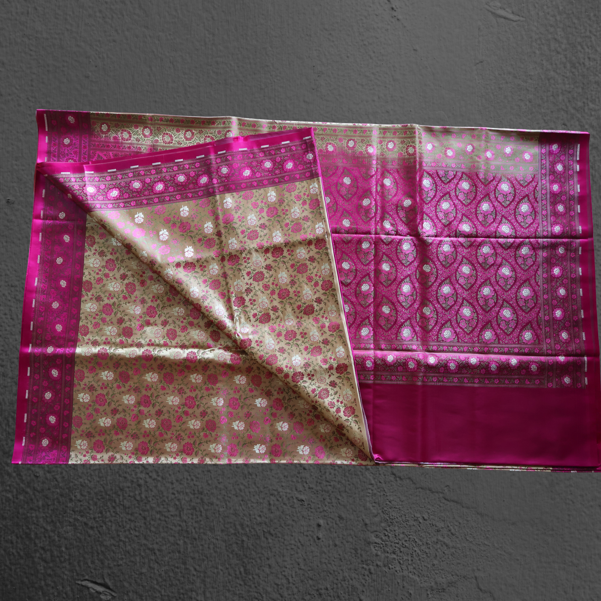 Banarasi Mashru Silk Saree in Beige and Rani Pink with Traditional Floral Motifs