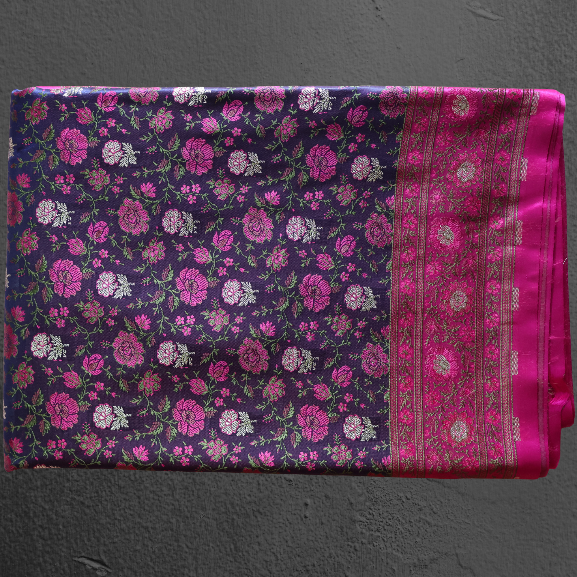 Navy Blue & Rani Pink Banarasi Mashru Silk Saree with Floral Jamawar Weave