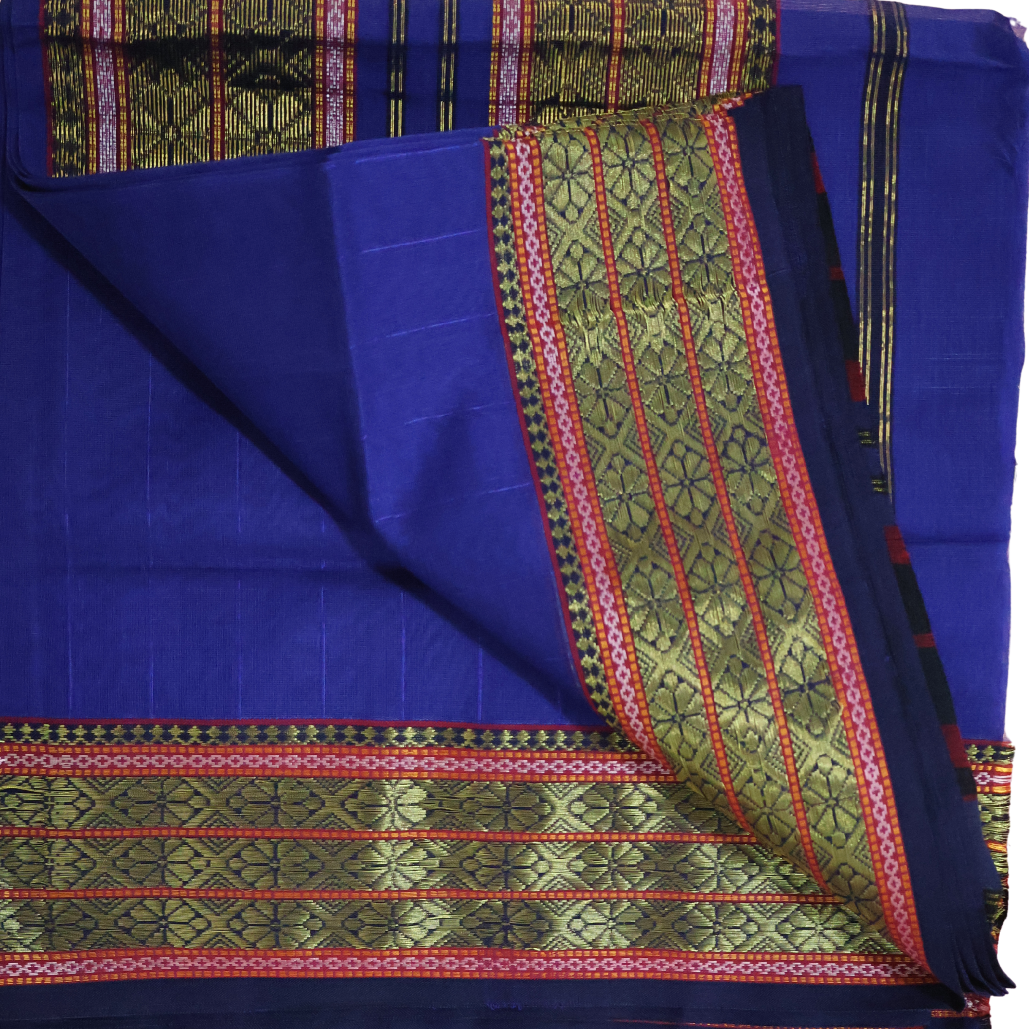 Royal Blue Induri Silk-Cotton Saree with Rui-Phool Border
