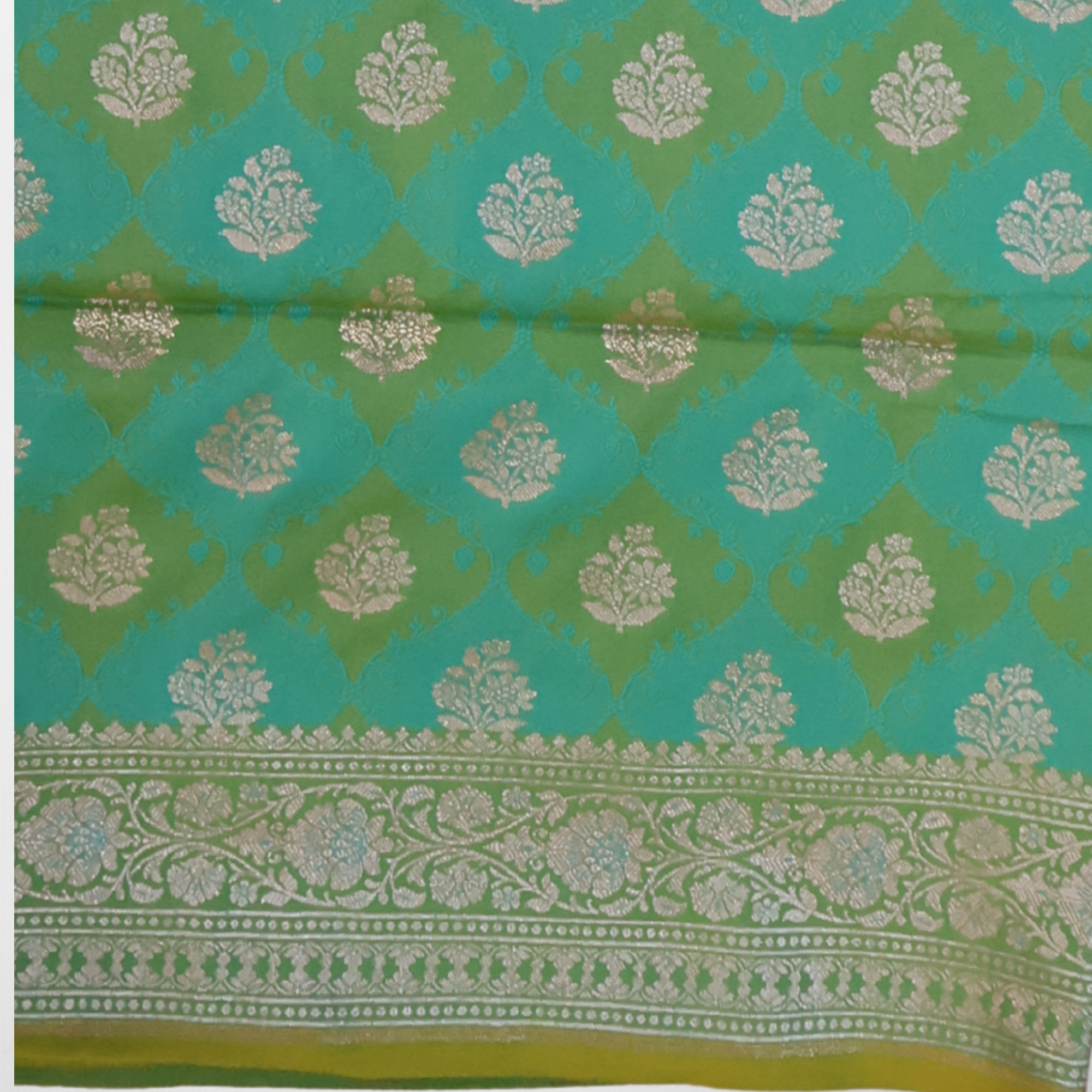 Katan Silk Banarasi Saree in Teal Green with Silver Zari Buta and Ornate Border