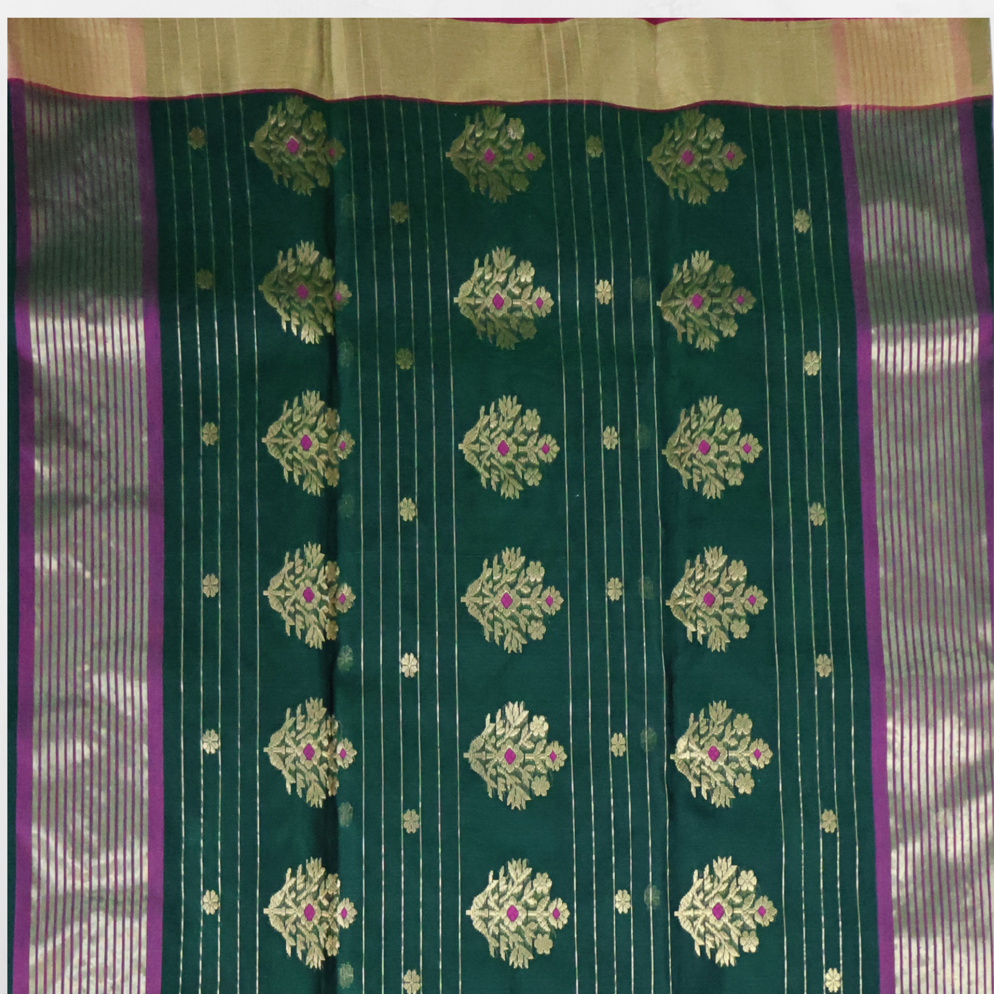 Deep Emerald Green Katan Silk Saree with Gold Zari Motifs & Purple Borders