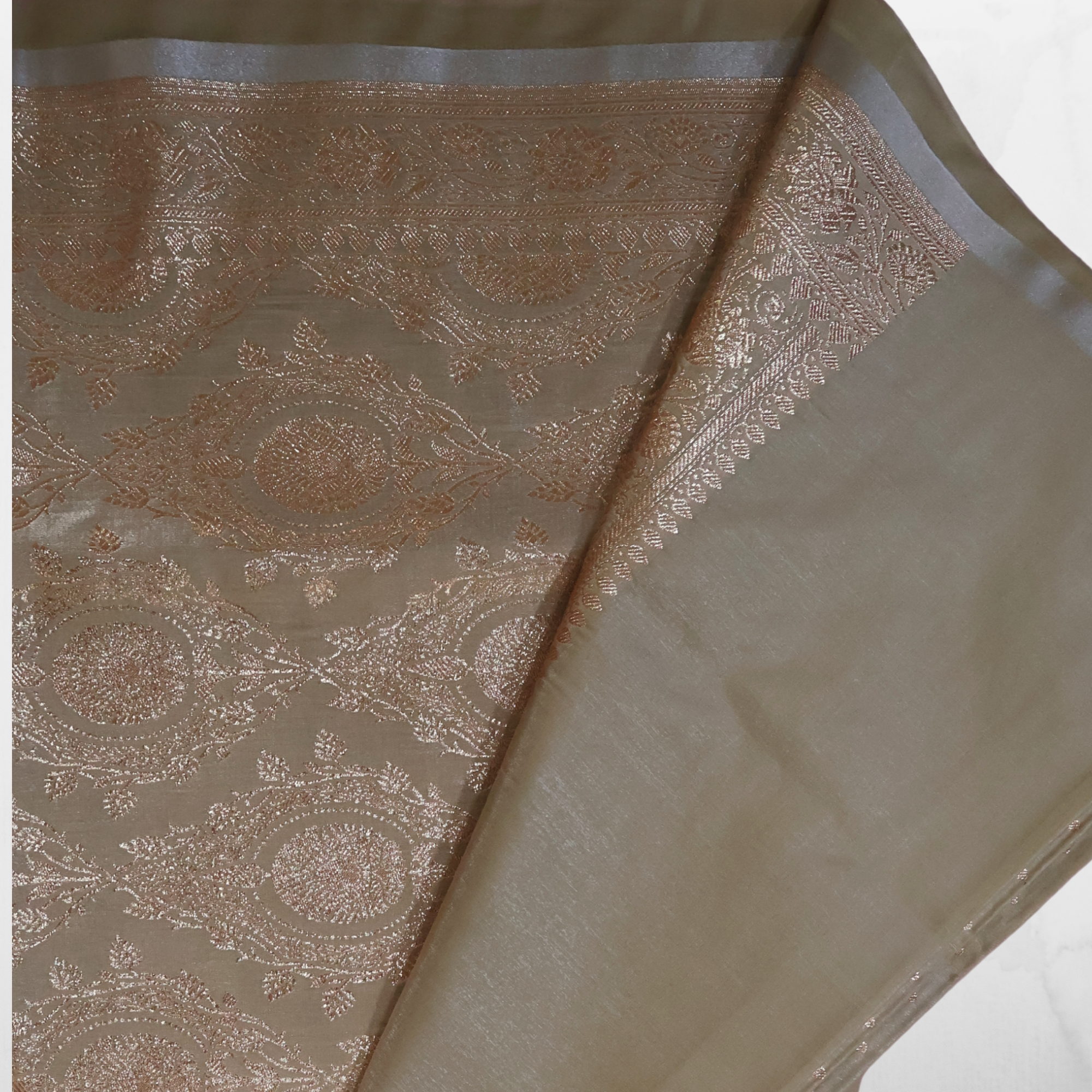 Pale Grey Katan Silk Banarasi Saree with Antique Gold Zari Medallions