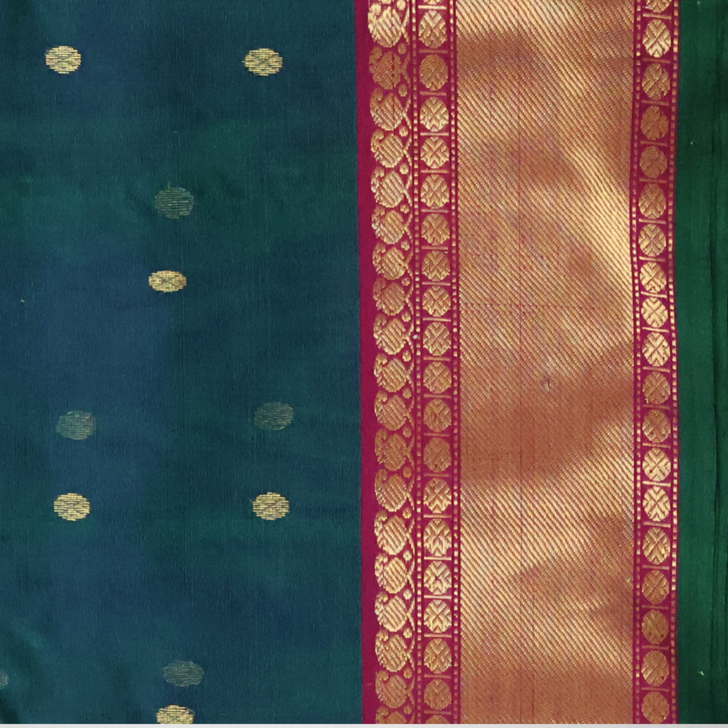 Dual-Tone Peacock Blue Katan Silk Chanderi Saree with Ghani Buti & Chatai Zari Border