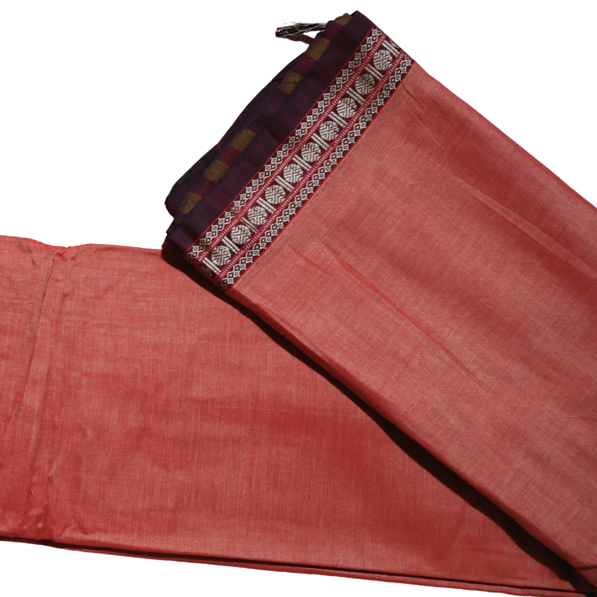 Peach Handloom Narayanpet Cotton Saree with Maroon Geometric Border | Classic Everyday Cotton Saree