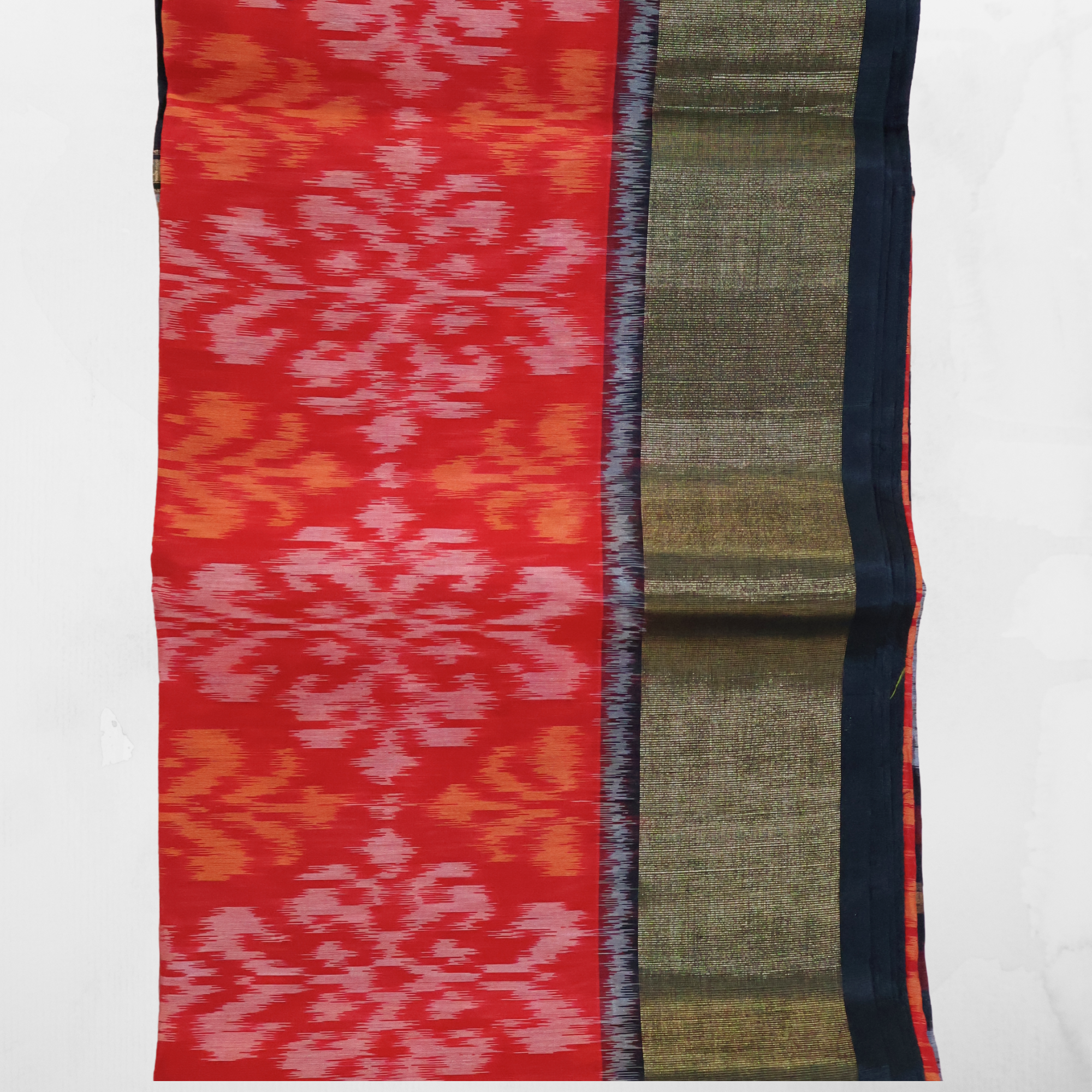 Cotton Silk Pochampally Ikat Saree in Red with Dark Olive Green Zari Border