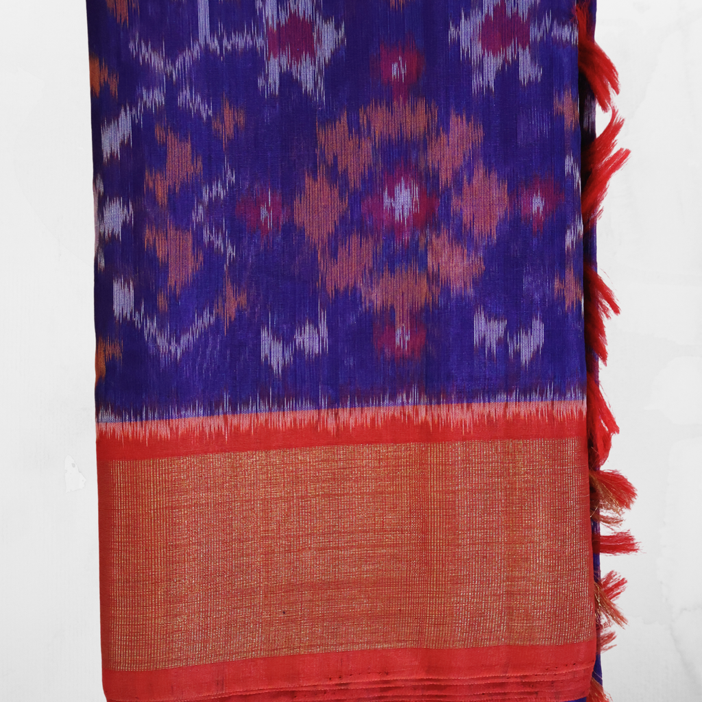 Dark Blue Cotton Silk Pochampally Ikat Saree with Red Zari Border