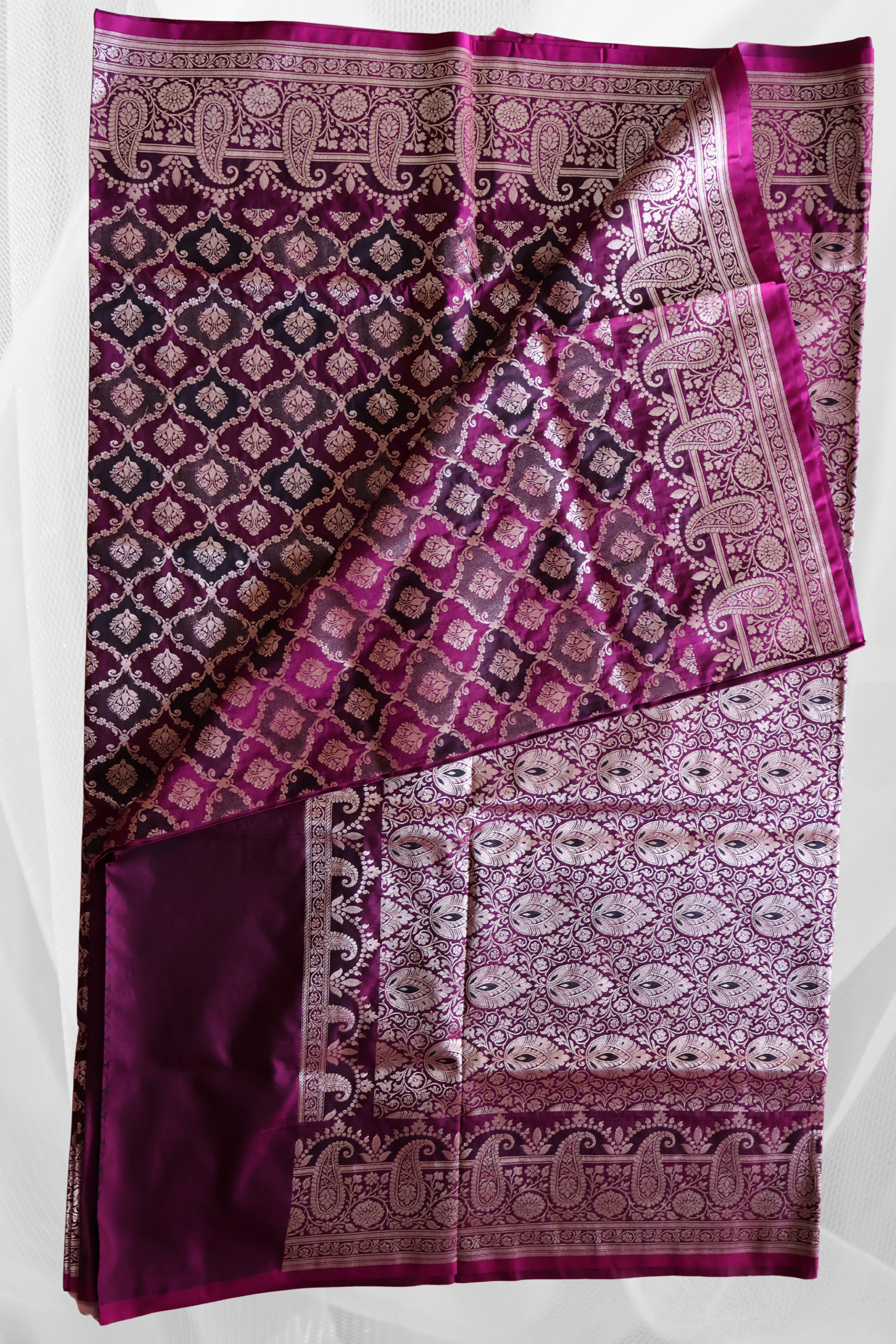 Wine Katan Silk Banarasi Saree with Silver Zari Paisley Border & Buta Weave