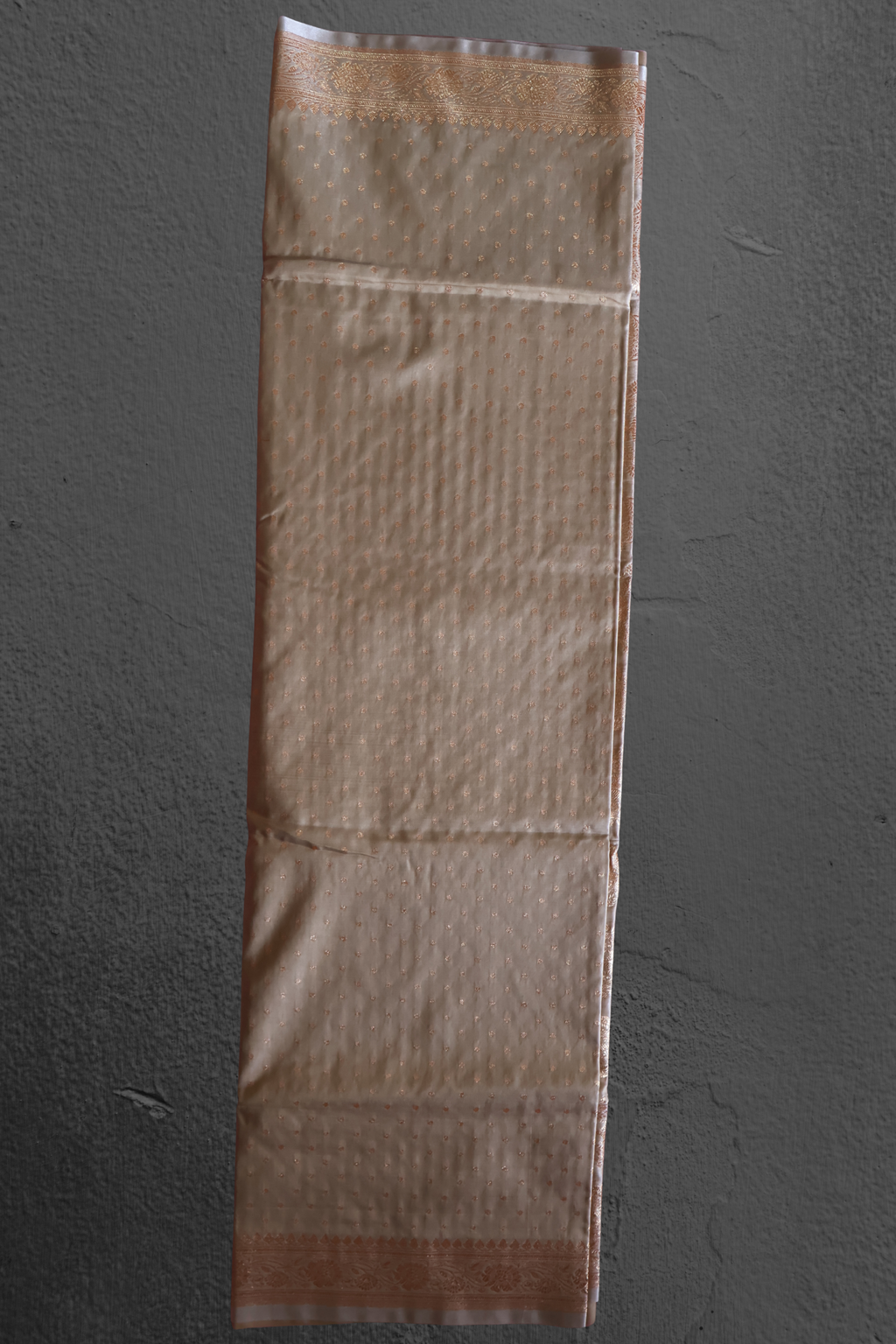 Pale Grey Katan Silk Banarasi Saree with Antique Gold Zari Medallions