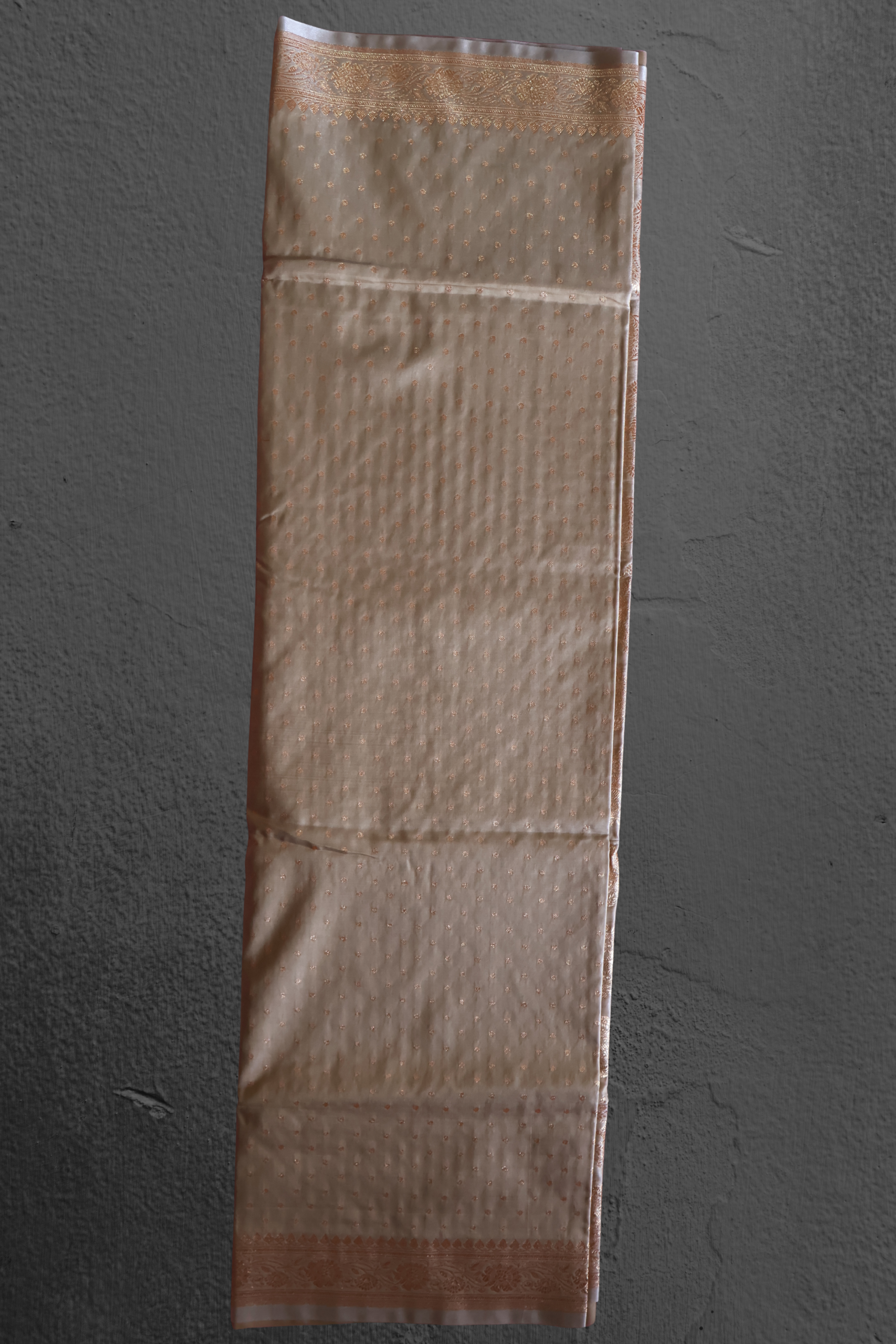 Pale Grey Katan Silk Banarasi Saree with Antique Gold Zari Medallions