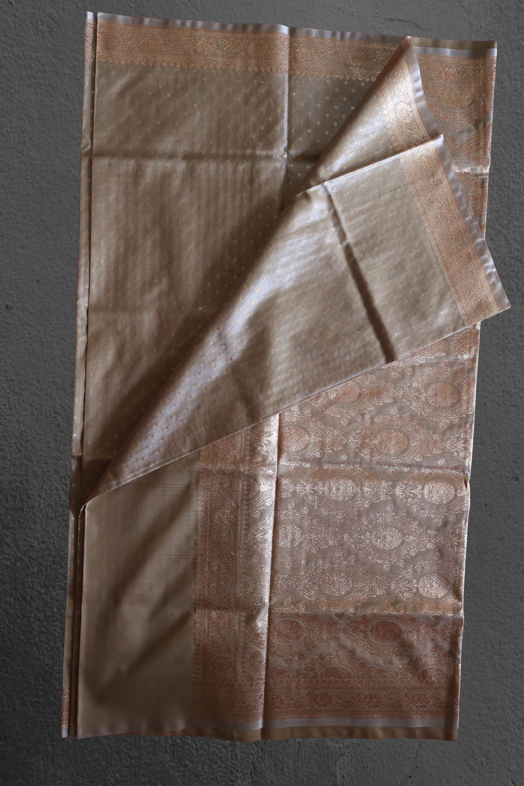 Pale Grey Katan Silk Banarasi Saree with Antique Gold Zari Medallions