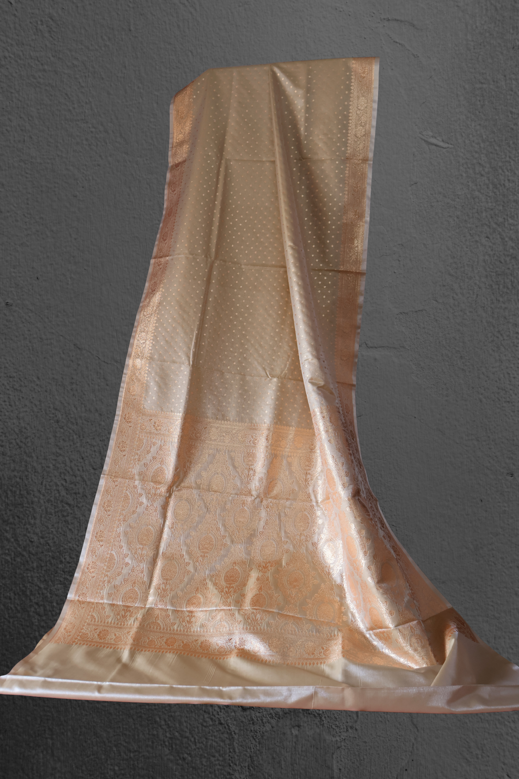 Pale Grey Katan Silk Banarasi Saree with Antique Gold Zari Medallions