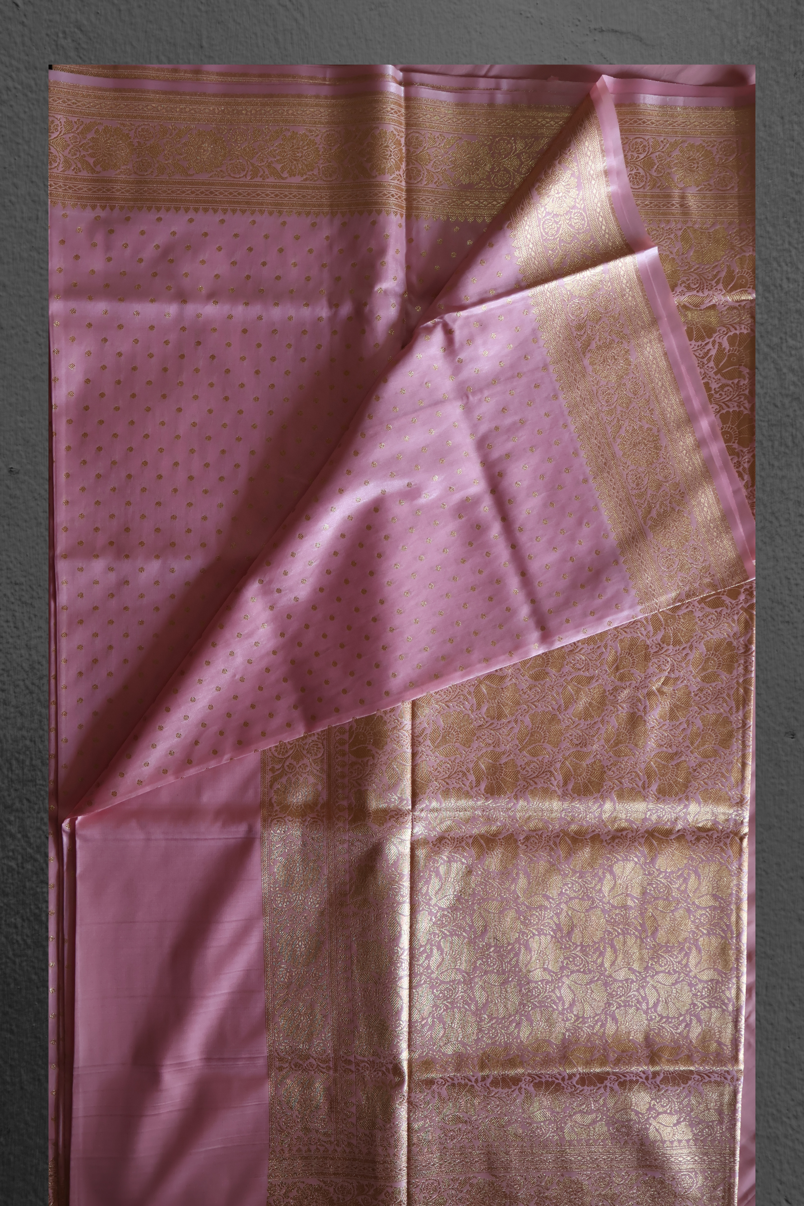 Baby Pink Katan Silk Banarasi Saree with Gold Zari Buta & Ornate Floral Border