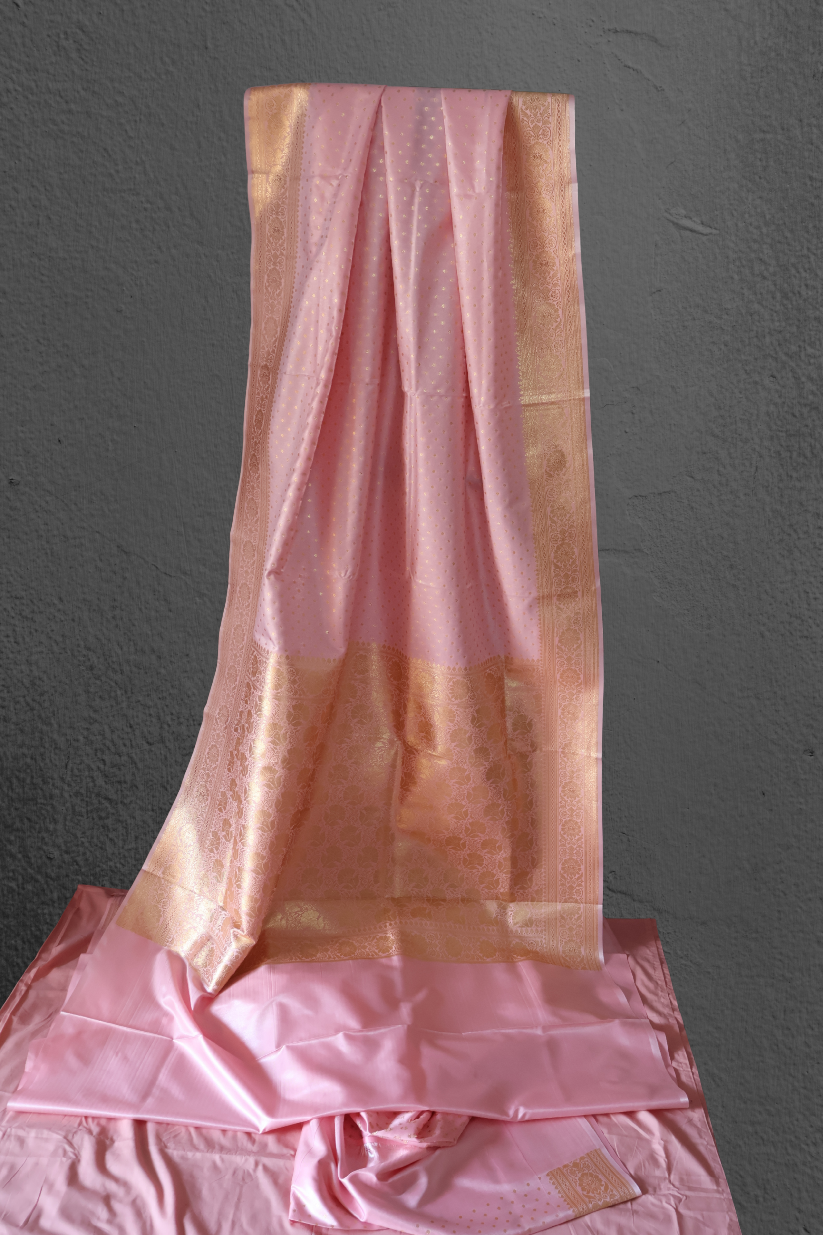 Baby Pink Katan Silk Banarasi Saree with Gold Zari Buta & Ornate Floral Border